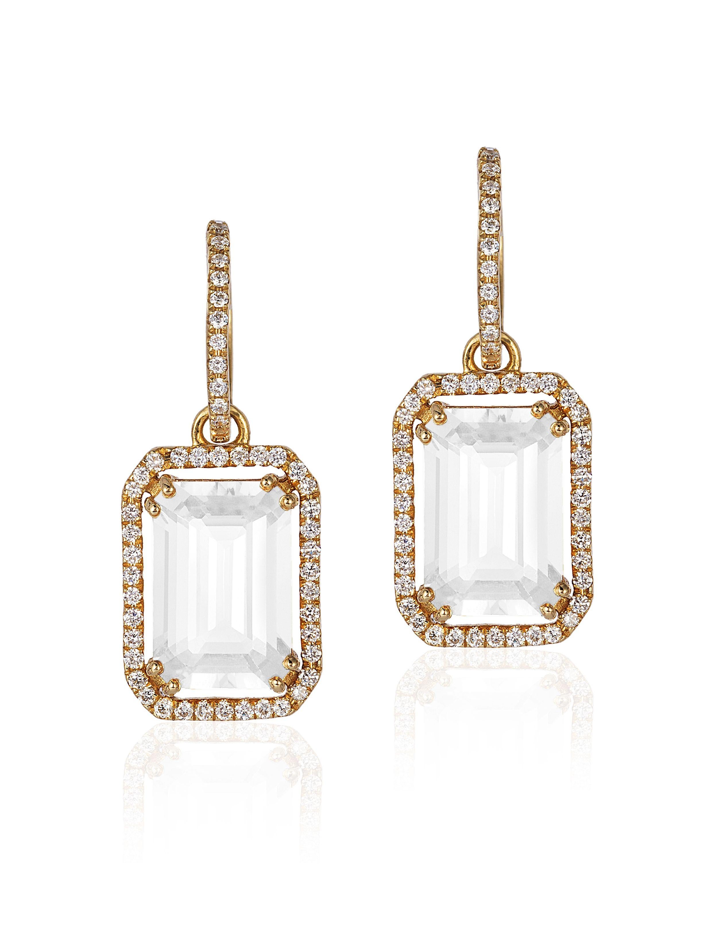 Moon Quartz Emerald Cut Earrings with Diamonds Trim in 18K Yellow Gold, from 'Gossip' Collection
Hoops can be worn separately. Please, allow 5-6 weeks for this items to be delivered.

Stone Size: 12 x 8 mm 

Gemstone Approx. Wt: Moon Quartz- 7.32