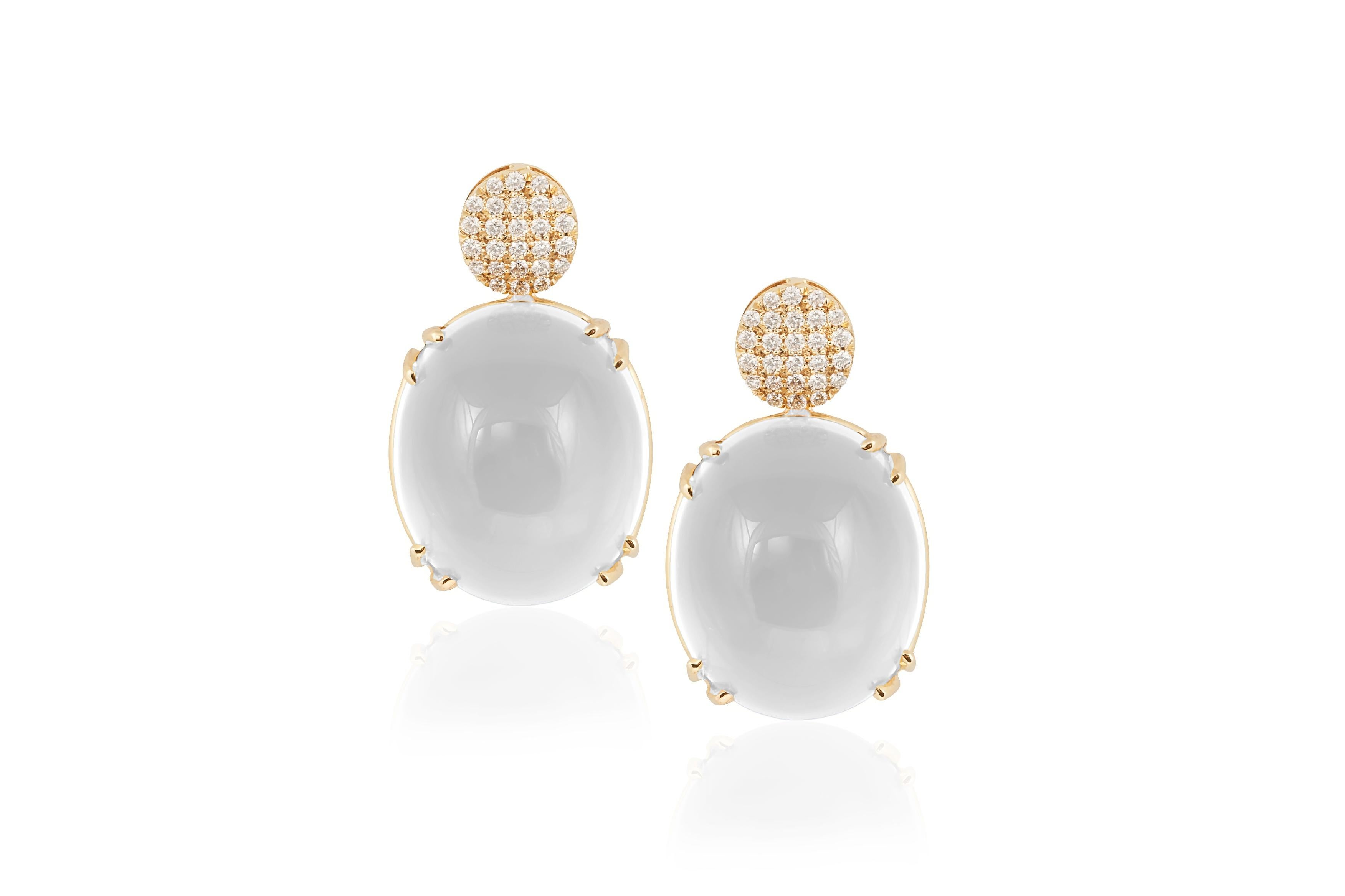 Moon Quartz Oval Cab with Diamonds Motif Earrings from the exquisite 'Rock 'N Roll' Collection. Crafted in stunning 18K Yellow Gold, these earrings are a harmonious blend of elegance and edginess. The focal point of each earring is a lustrous Moon