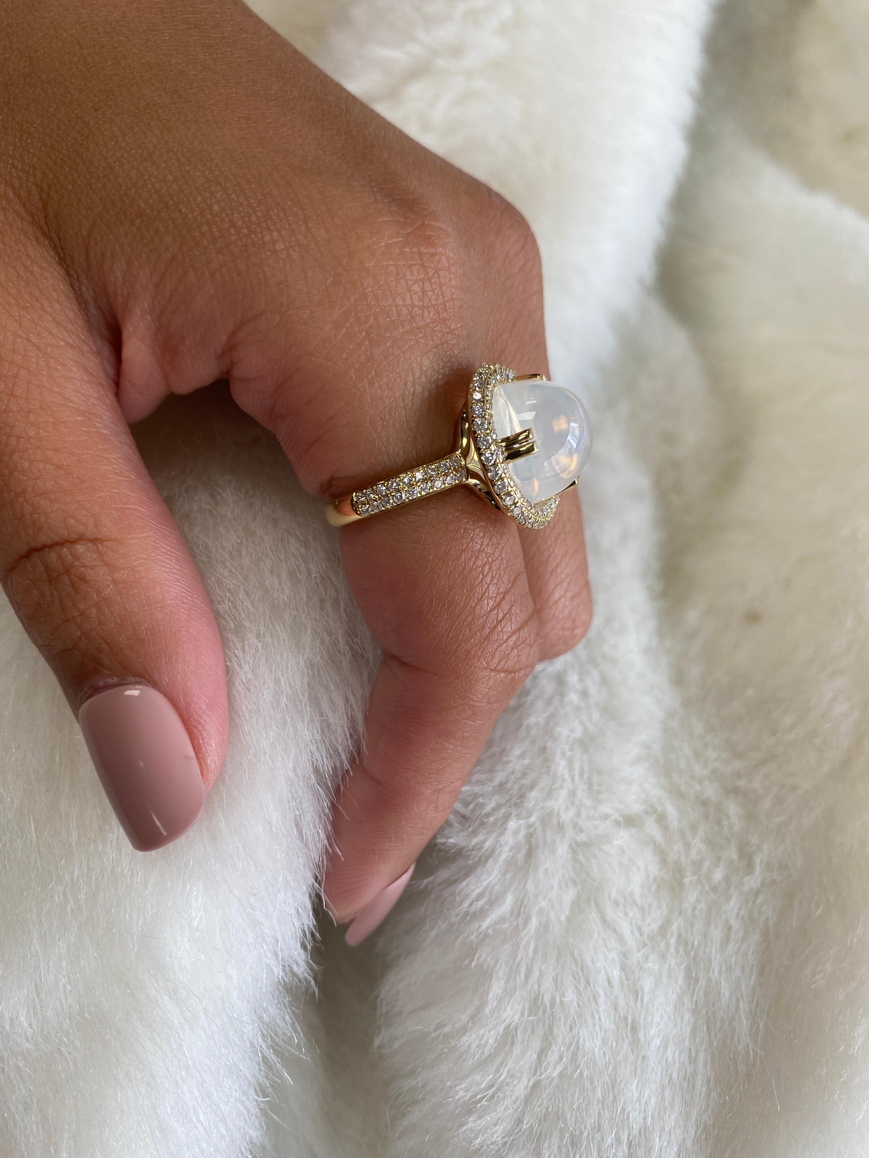 Moon Quartz Round Cab Ring in Tube Setting with Diamond in 18K Yellow Gold, from 