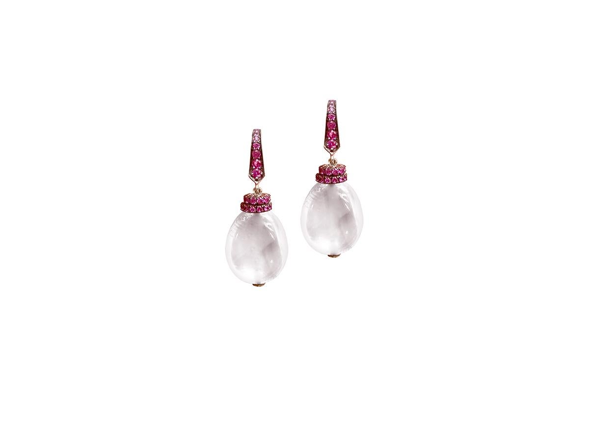 Moon Quartz Tumble Earrings with Pink Sapphire in White Gold and Black Rhodium, from 'G-One' Collection. Our G-One Collection undeniably carries the most special pieces of Goshwara. The sought-after, one-of-a-kind pieces speak to each unique