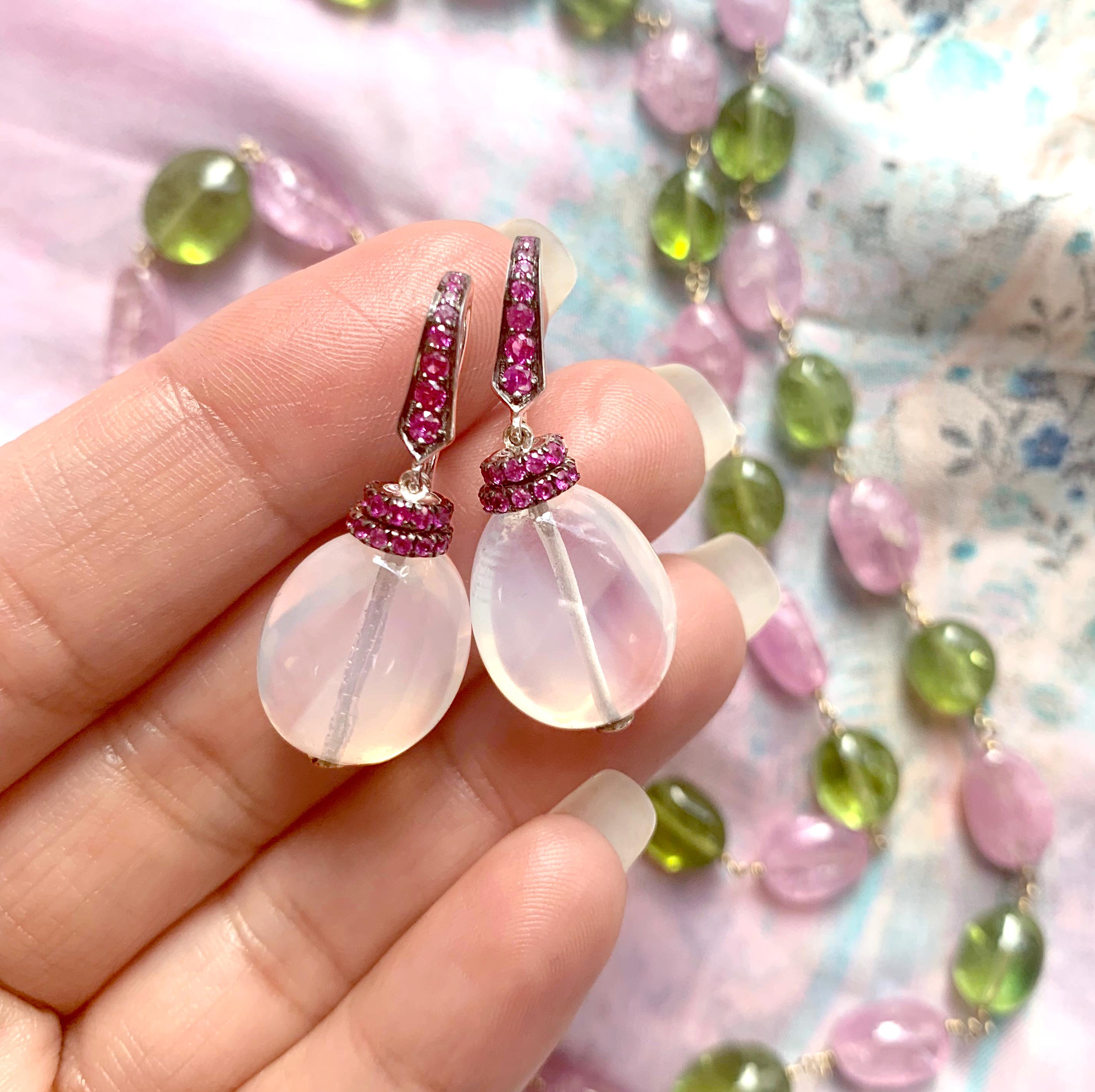 Bead Goshwara Moon Quartz Tumble with Pink Sapphire Earrings For Sale