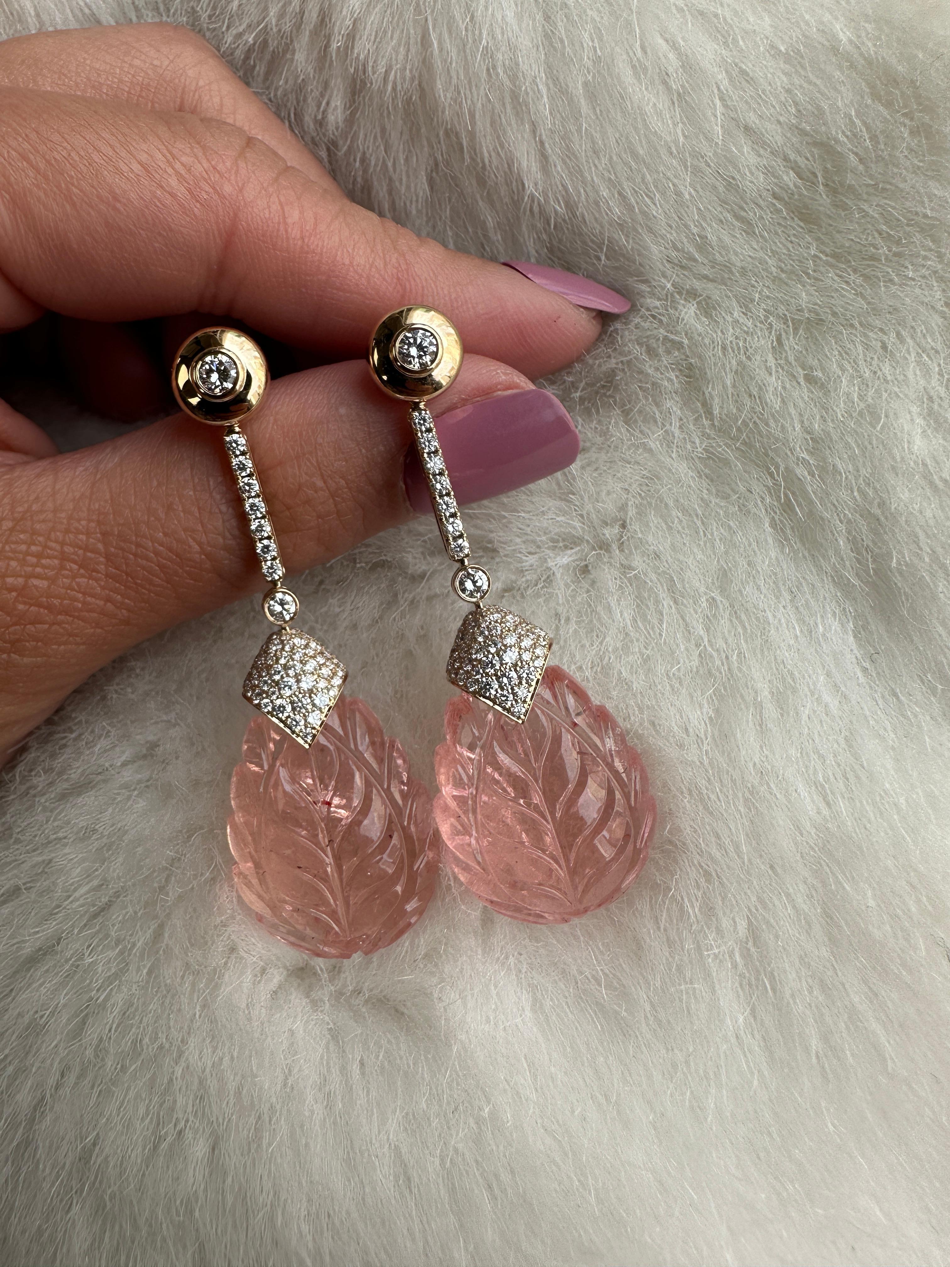 Pear Cut Goshwara Morganite Carved Drop with Diamond Cap Earrings  For Sale