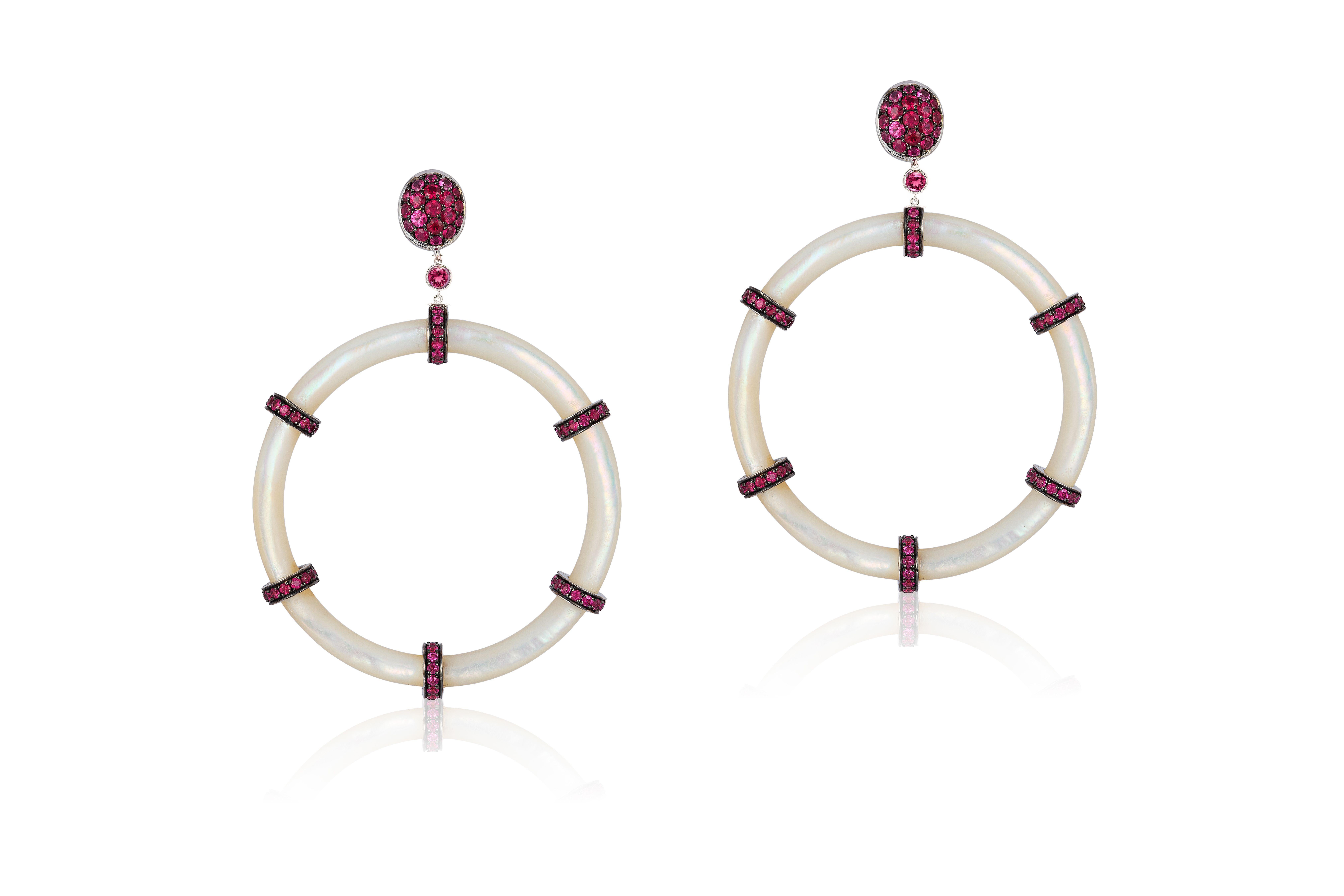Mother of Pearl Big Hoop Earrings with Rubies in 18K White Gold, from 'Innate' Collection

Gemstone Approx. Wt: Pearl- 47.66 Carats. 
                                       Ruby- 3.97 Carats.