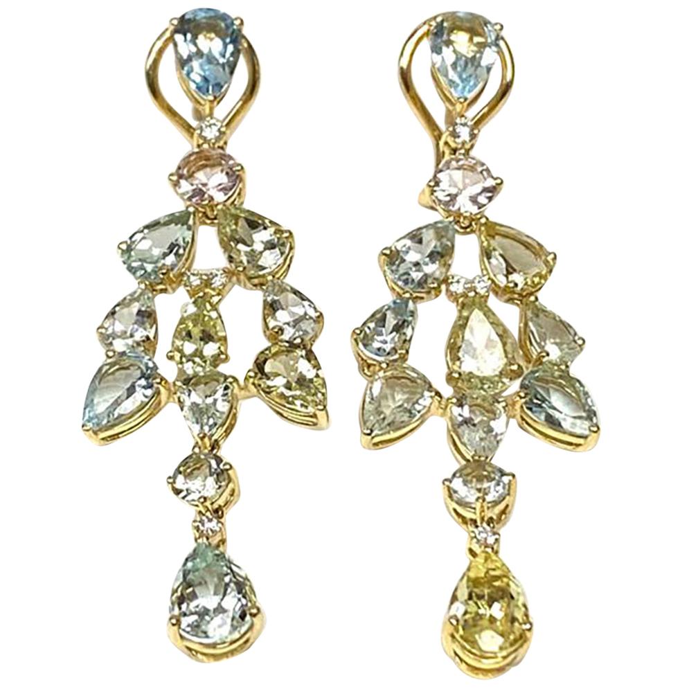 Goshwara Multi-Color Aqua and Tiny Pears Chandelier with Diamonds Earrings For Sale