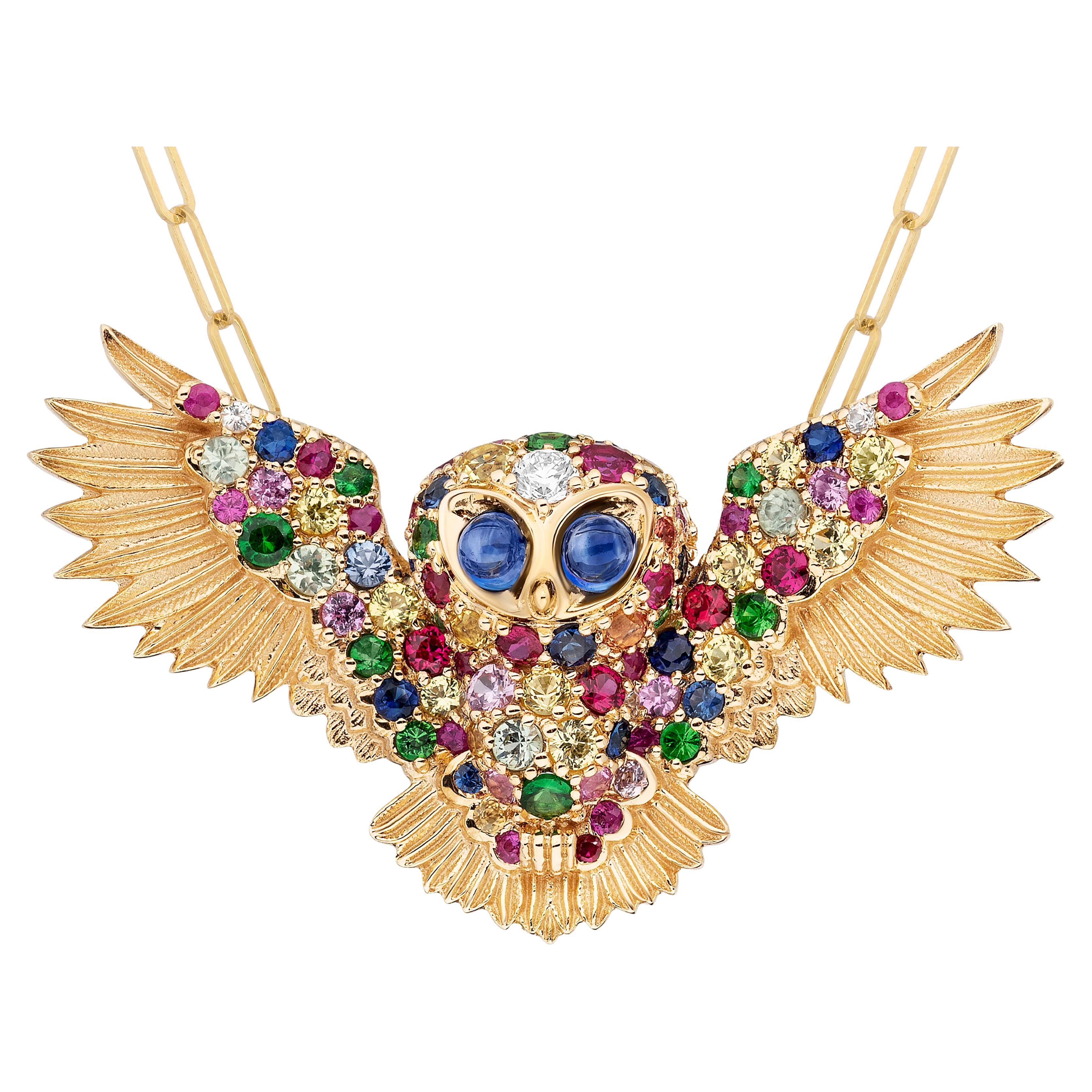 Goshwara Multi Sapphire & Blue Sapphire Cab Owl with Diamonds Brooch/Pendant For Sale