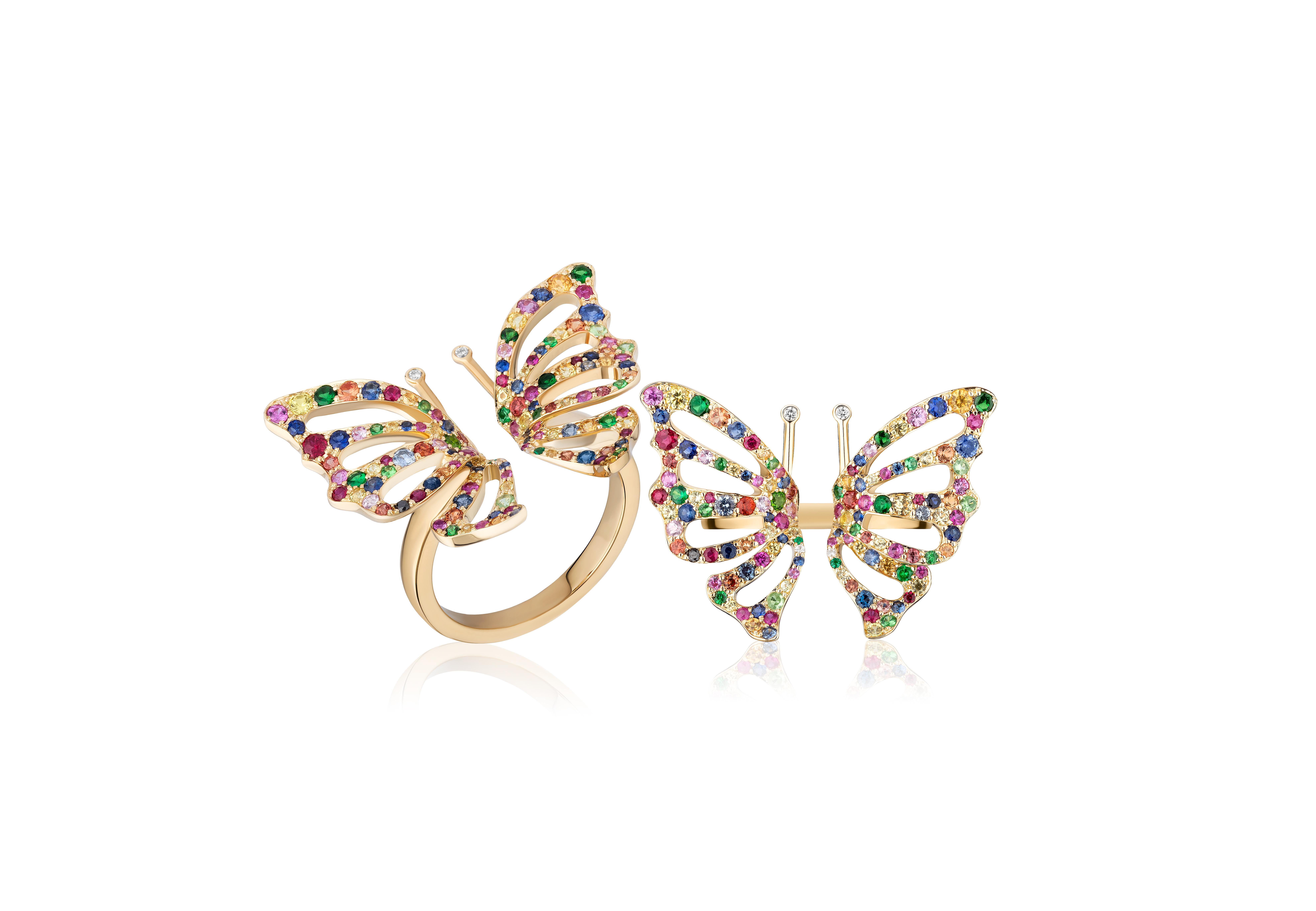 The 'Ark Collection' Multi Sapphire Butterfly Ring with Diamond in 18K Yellow Gold is a dazzling and elegant piece of jewelry. Crafted with exquisite attention to detail, this ring features a vibrant array of sapphires arranged in a butterfly motif,