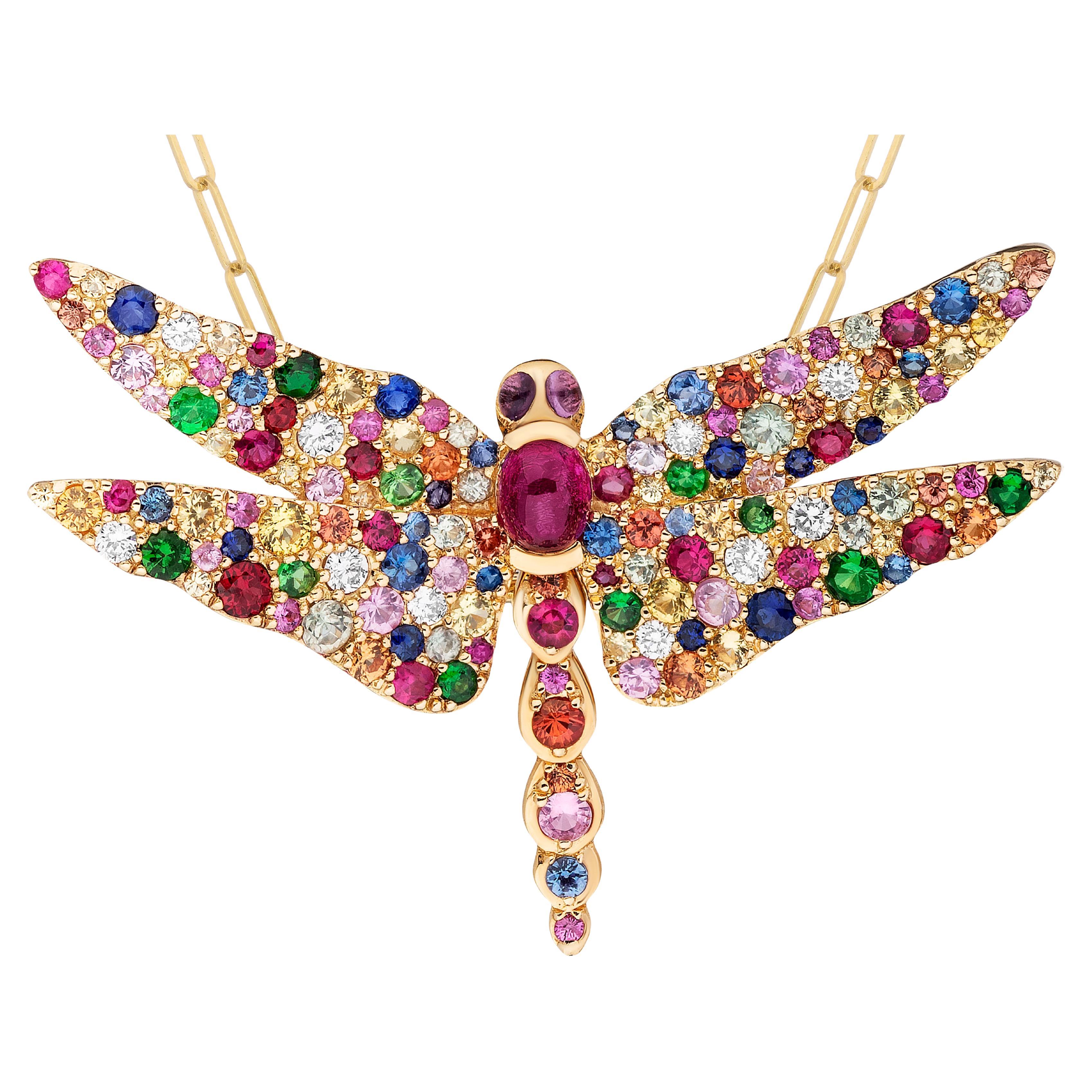 Goshwara Multi Sapphire Dragonfly with Diamonds Brooch/Pendant For Sale