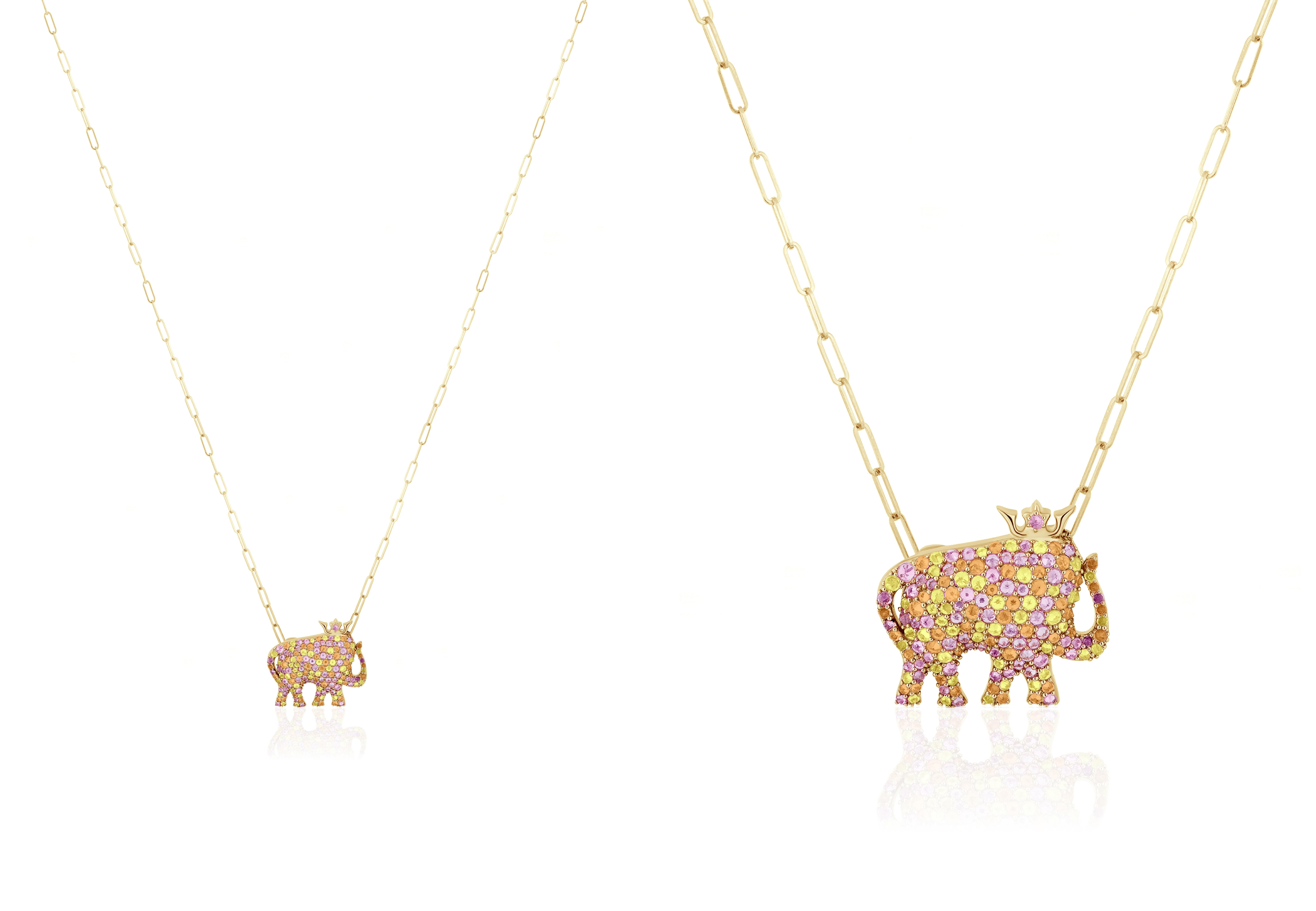 This Multi Sapphire Elephant Shape Pendant in 18K Yellow Gold is a stunning and unique piece from the 'Limited Edition' collection. Crafted in 18K yellow gold, this pendant features a charming elephant shape, adorned with an array of vibrant