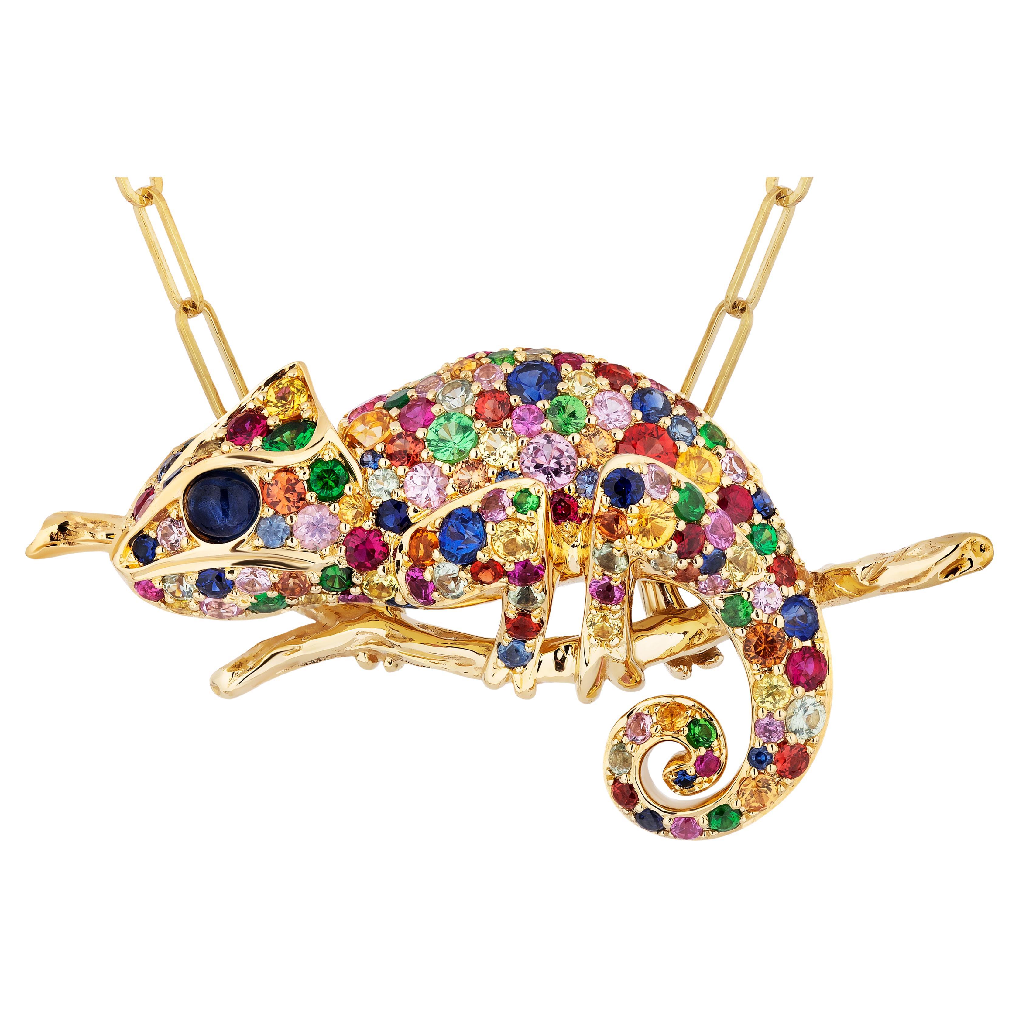 Goshwara Multi Sapphire & Onyx Chameleon Brooch/Pendant For Sale