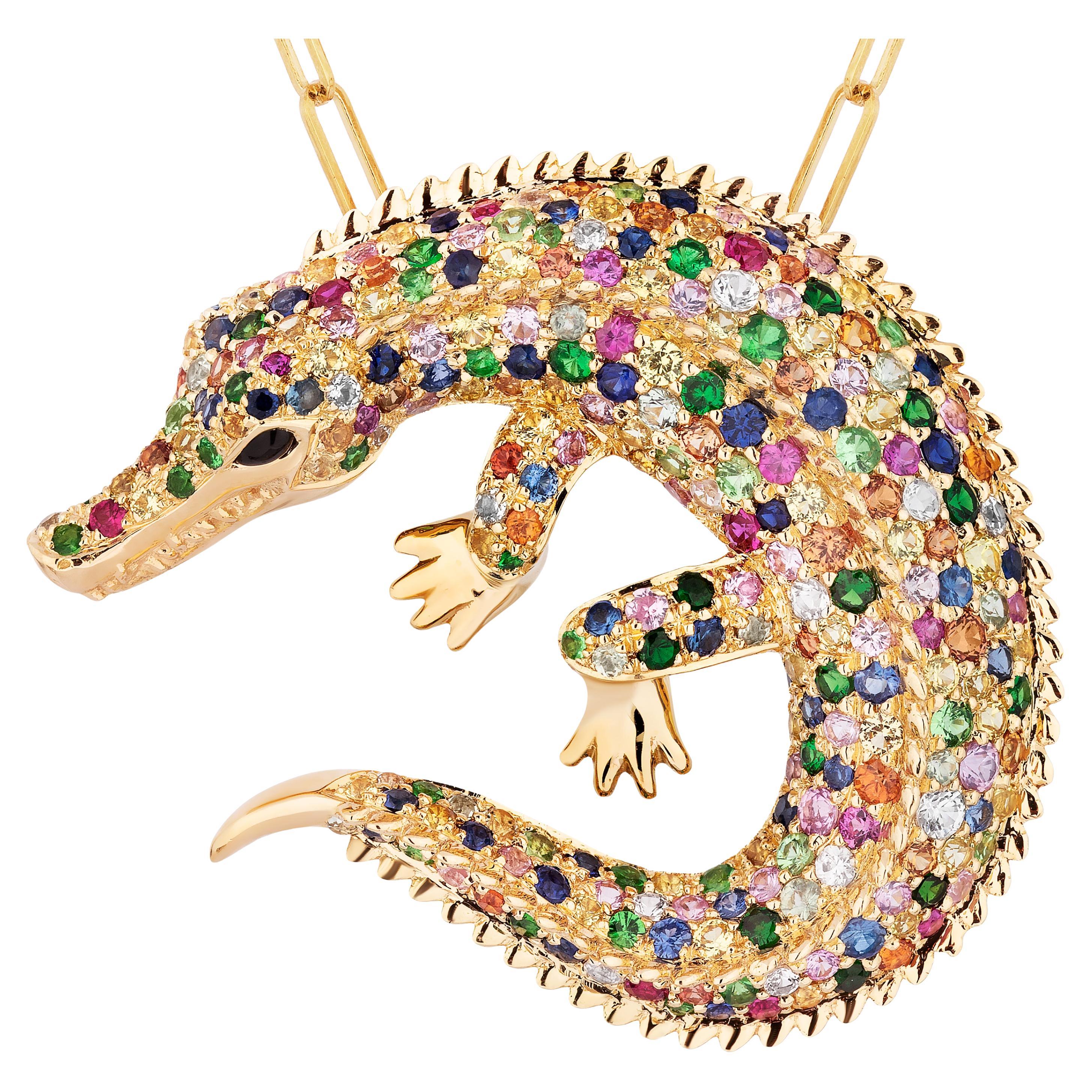 Broche/pendentif Goshwara en crocodile multi-saphir et onyx