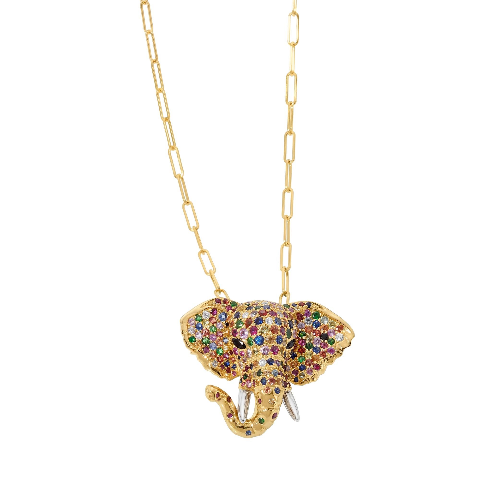 Cabochon Goshwara Multi Sapphire & Onyx Elephant with Diamonds Brooch/Pendant For Sale