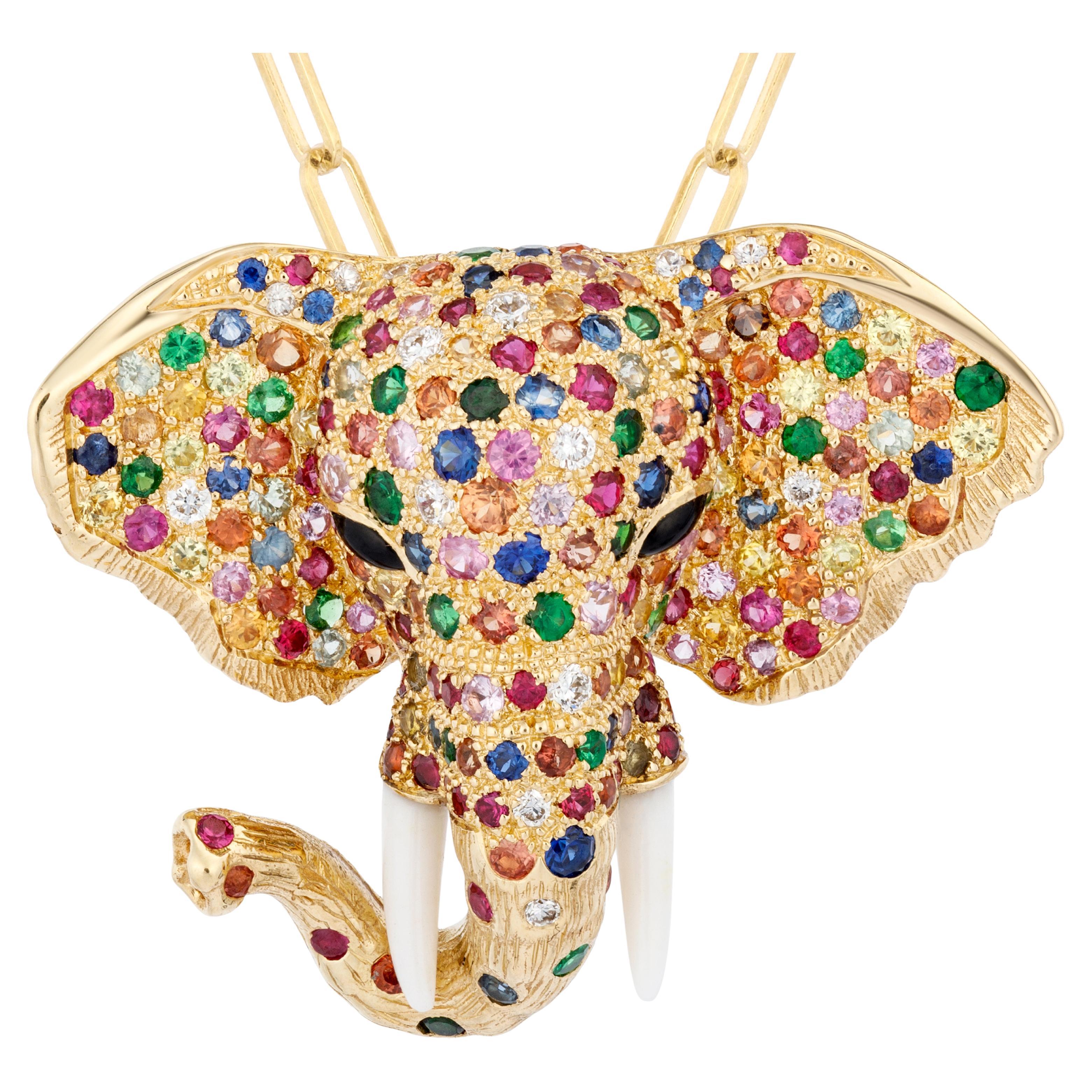 Goshwara Multi Sapphire & Onyx Elephant with Diamonds Brooch/Pendant For Sale