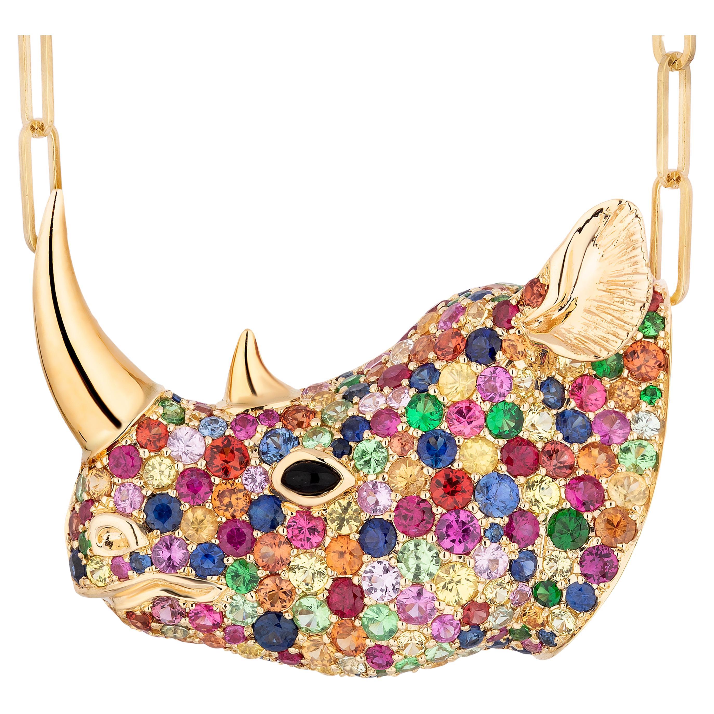 Goshwara Multi Sapphire & Onyx Rhino Brooch/Pendant For Sale