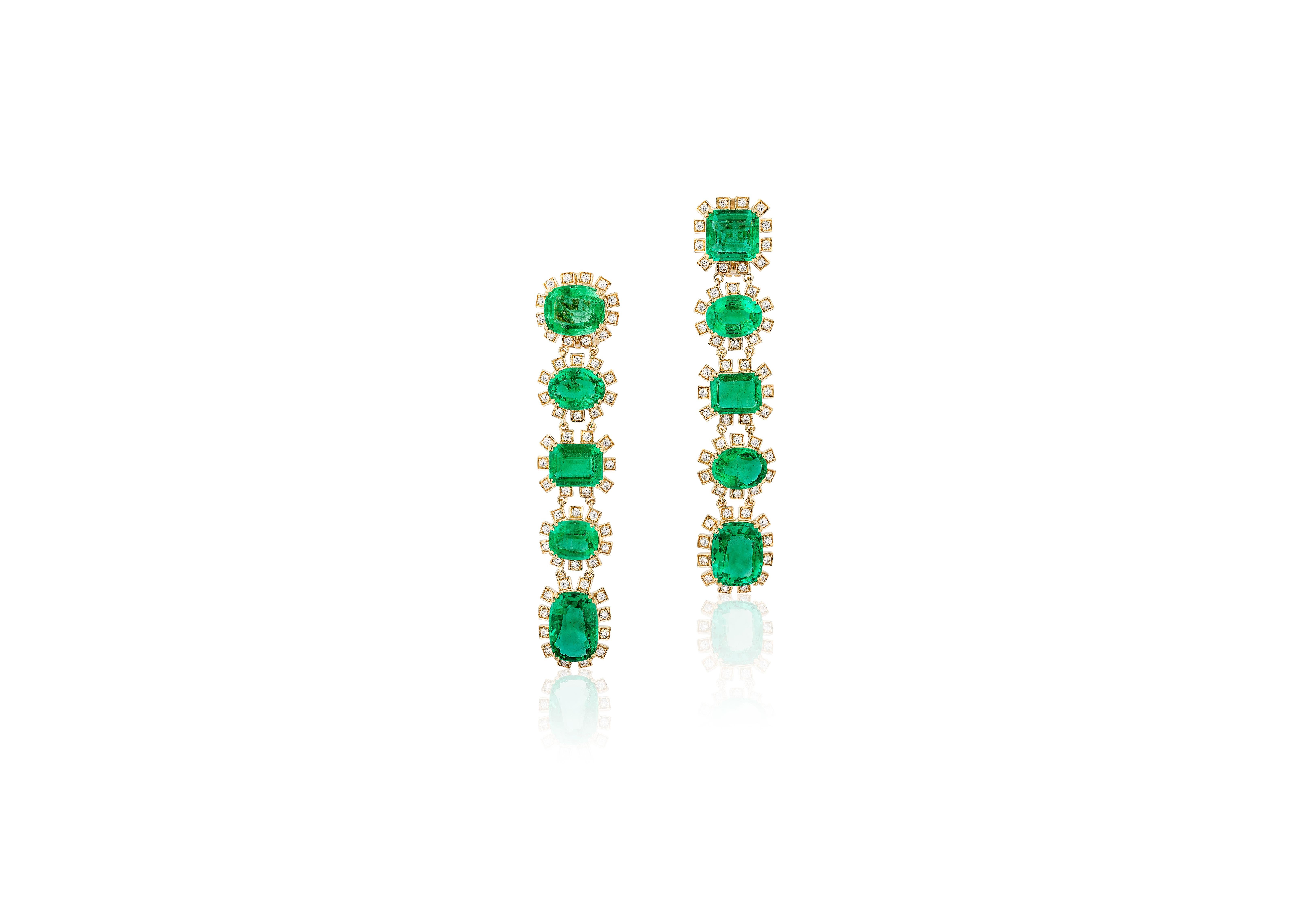 Round Cut Goshwara Multi-Shape Emeralds And Diamond Single line Earrings