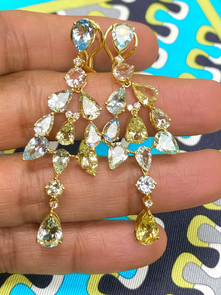 Multicolor Aqua & Tiny Pears Chandelier Earrings with Diamonds in 18K Yellow Gold, 'G-One' Collection

 Approx. Stone Wt: 12.76 Carats (Aqua)

Diamonds: G-H / VS, Approx. Wt: 0.20 Carats