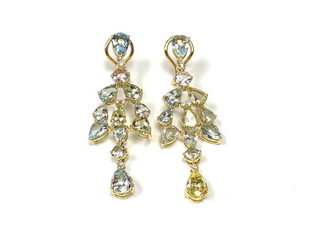 Pear Cut Goshwara Multi-Color Aqua and Tiny Pears Chandelier with Diamonds Earrings For Sale