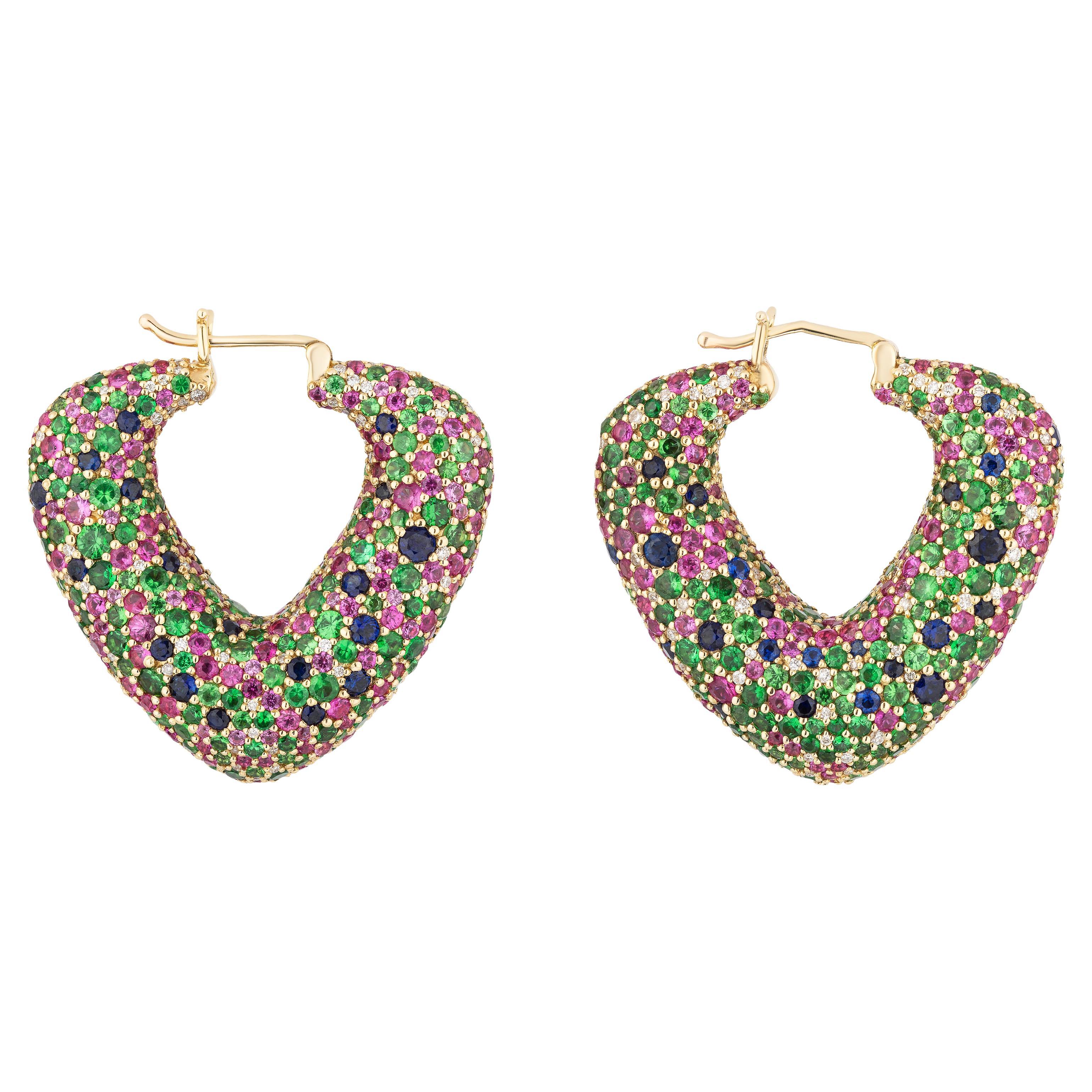 Goshwara Multicolor Blue & Pink Sapphire with Tsavorites & Diamonds Hoop Earring
