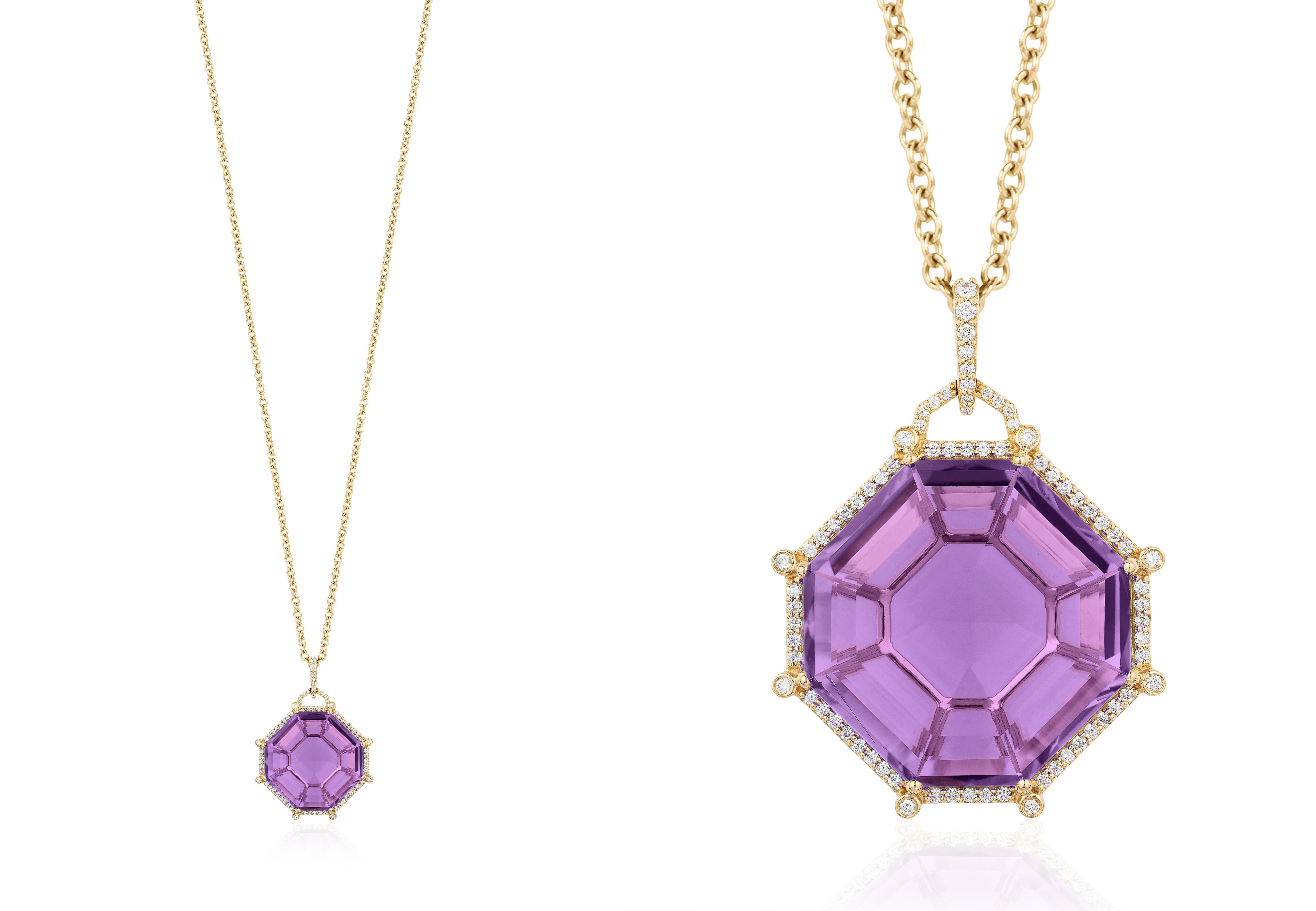 Amethyst Octagon Pendant with Diamonds in 18K Yellow Gold from 'Gossip' Collection
Stone Size: 22.5 x 22.5 mm
Diamonds: G-H / VS, Approx Wt: 0.46 Cts