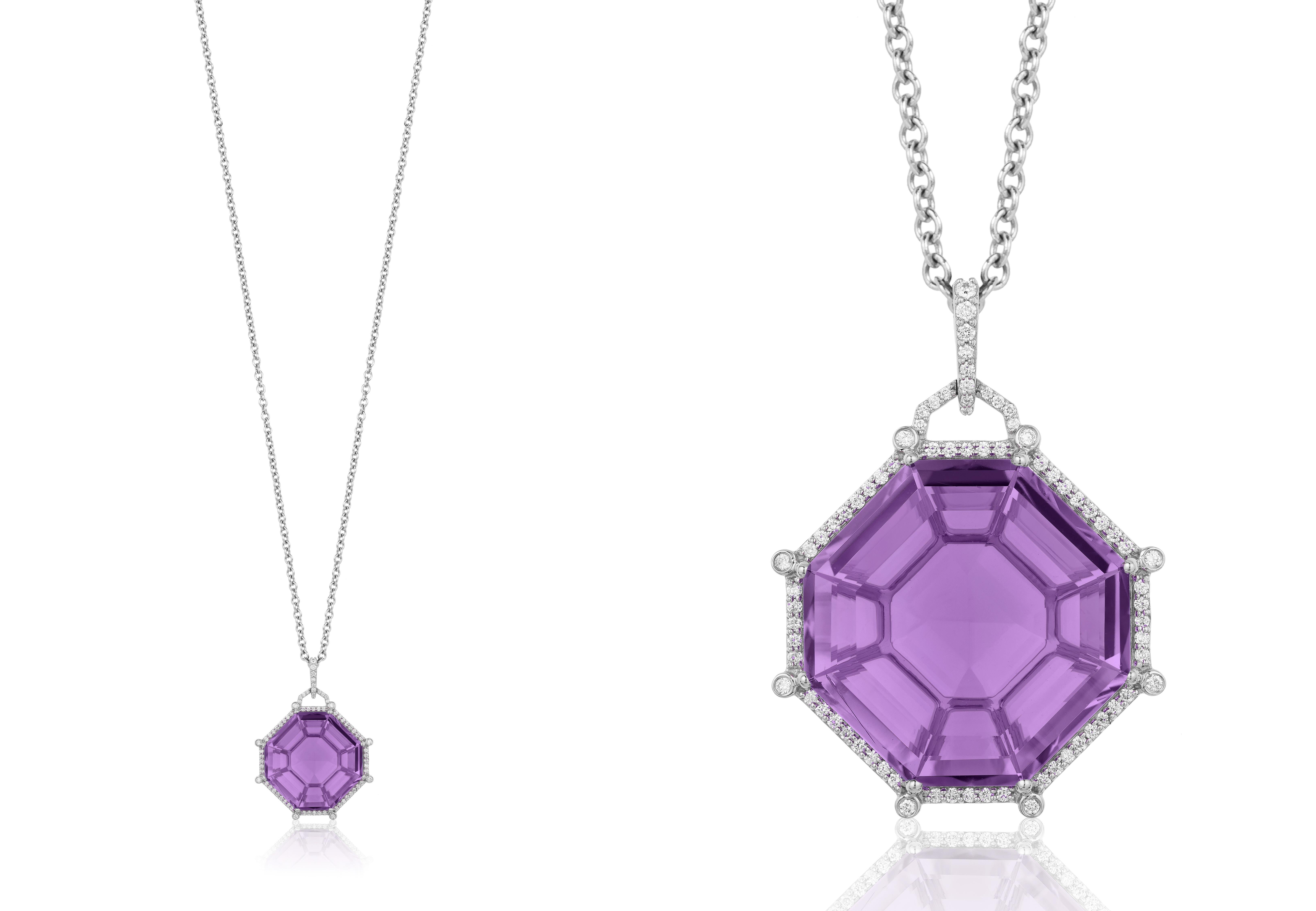 Amethyst Octagon Pendant with Diamonds in 18K White Gold from 'Gossip' Collection
Stone Size: 22.5 x 22.5 mm
Diamonds: G-H / VS, Approx Wt: 0.46 Cts