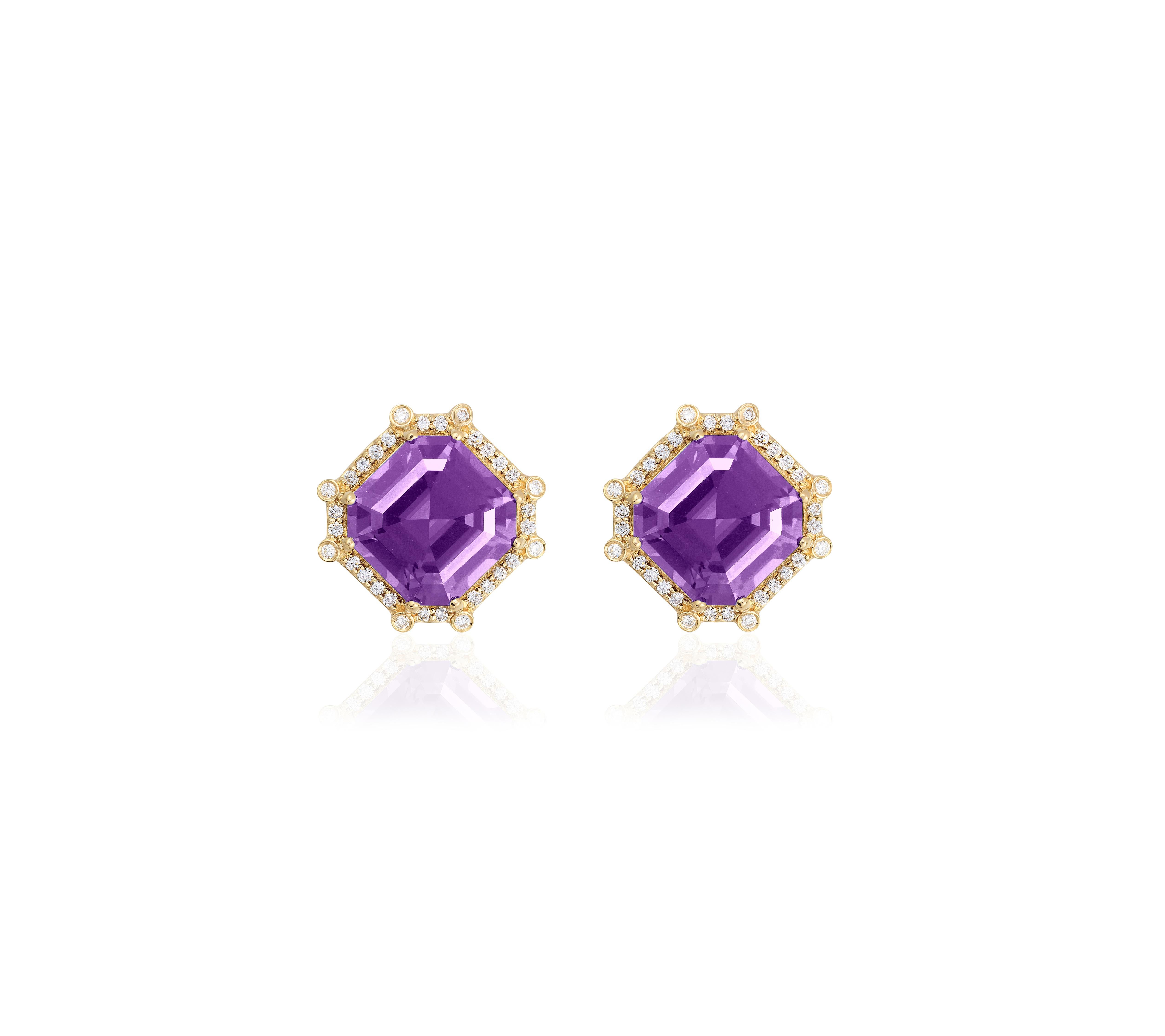 Amethyst & Diamond Octagon Studs in 18K Yellow Gold from 'Gossip' Collection
 Stone Size: 9 x 9 mm
 Diamonds: G-H / VS, Approx Wt : 0.23 Cts