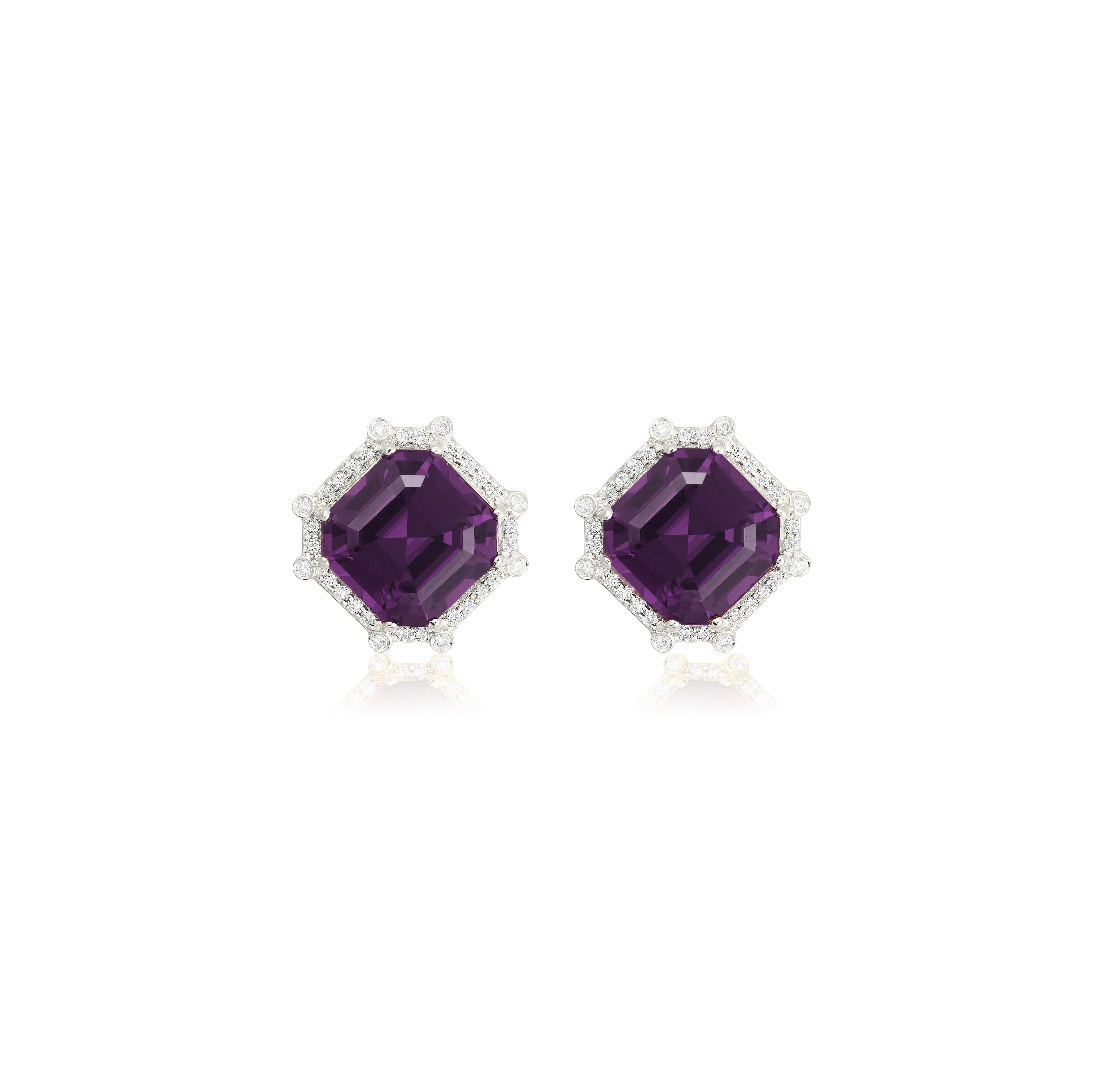 Amethyst & Diamond Octagon Studs in 18K White Gold from 'Gossip' Collection. Please allow 4-5 weeks for this item to be delivered.

Stone Size: 9 x 9 mm

Diamonds: G-H / VS, Approx Wt : 0.23 Cts
