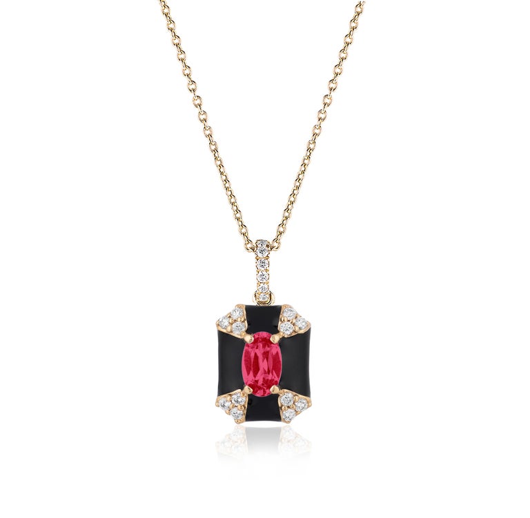 Octagon Black Enamel Pendant with Ruby and Diamonds in 18K Yellow Gold. from ‘Queen’ Collection
Stone Size: 5 x 3 mm
Diamonds: G-H / VS, Approx. Wt: 0.10 Carats