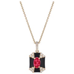 Goshwar Octagon Black Enamel with Ruby and Diamonds Pendant
