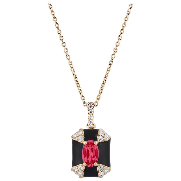 Goshwar Octagon Black Enamel with Ruby and Diamonds Pendant For Sale