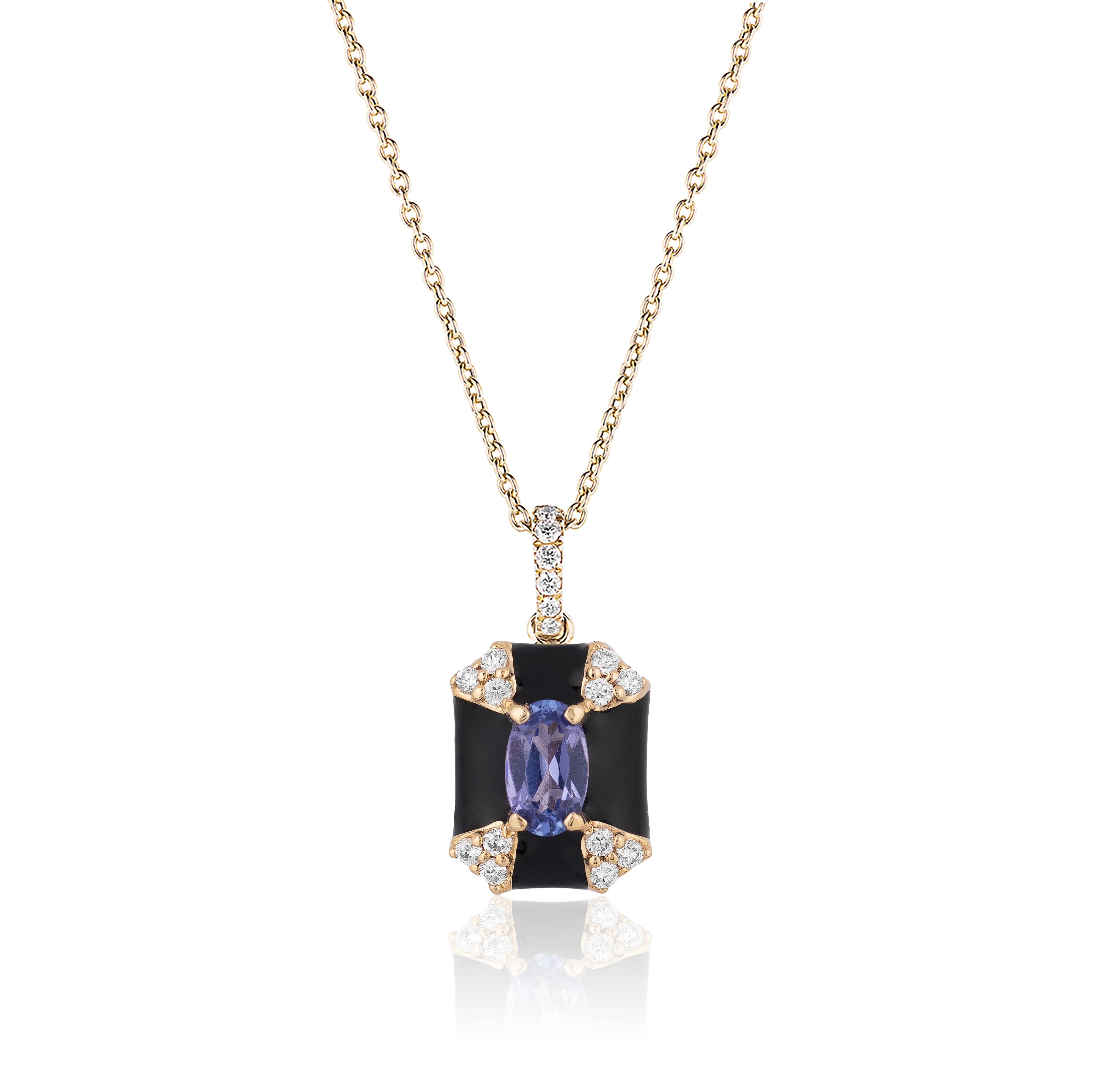 Queen' Octagon Black Enamel Pendant with Sapphire and Diamonds in 18K Yellow Gold.
Stone Size: 4 mm 
Gemstone Approx. Stone Wt: Sapphire- 0.32 Carats 
Diamonds: G-H / VS, Approx. Wt: 0.10 Carats