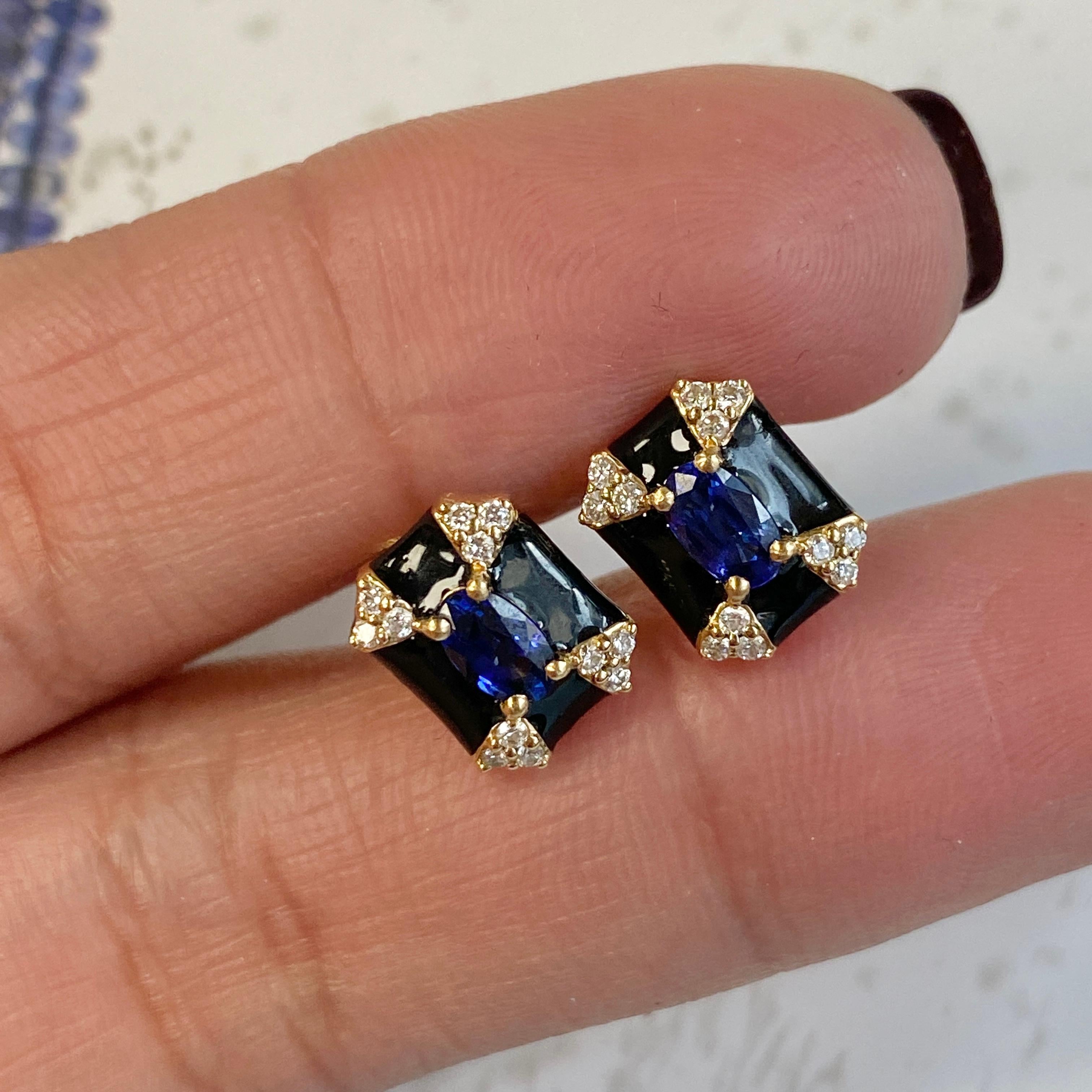 Goshwara Octagon Black Enamel with Sapphire and Diamonds Stud Earrings In New Condition In New York, NY