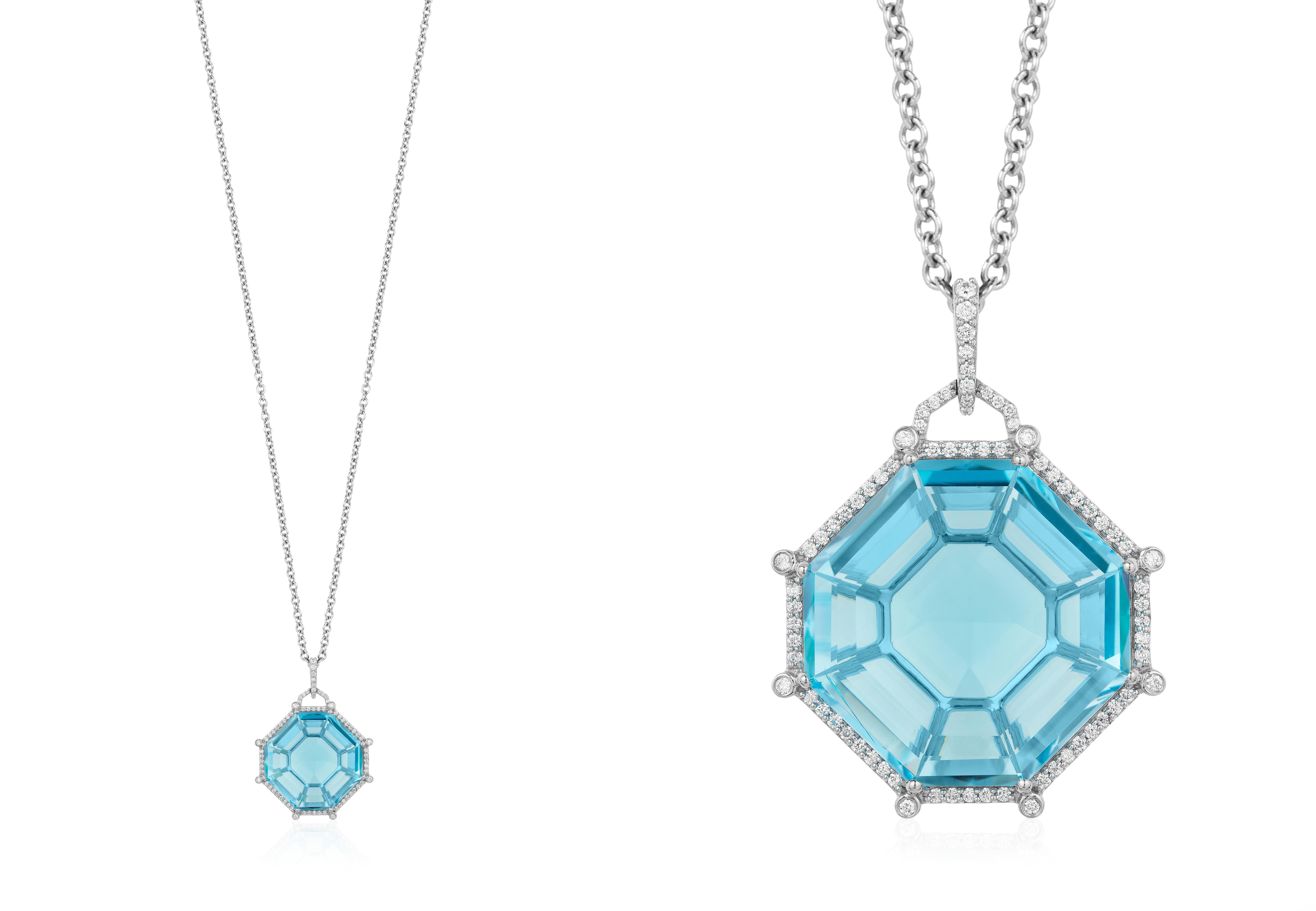 'Gossip' Blue Topaz Octagon Pendant  with Diamonds in 18K
Stone Size: 22.5 x 22.5 mm 
Diamonds: G-H / VS, Approx Wt: 0.46 Cts