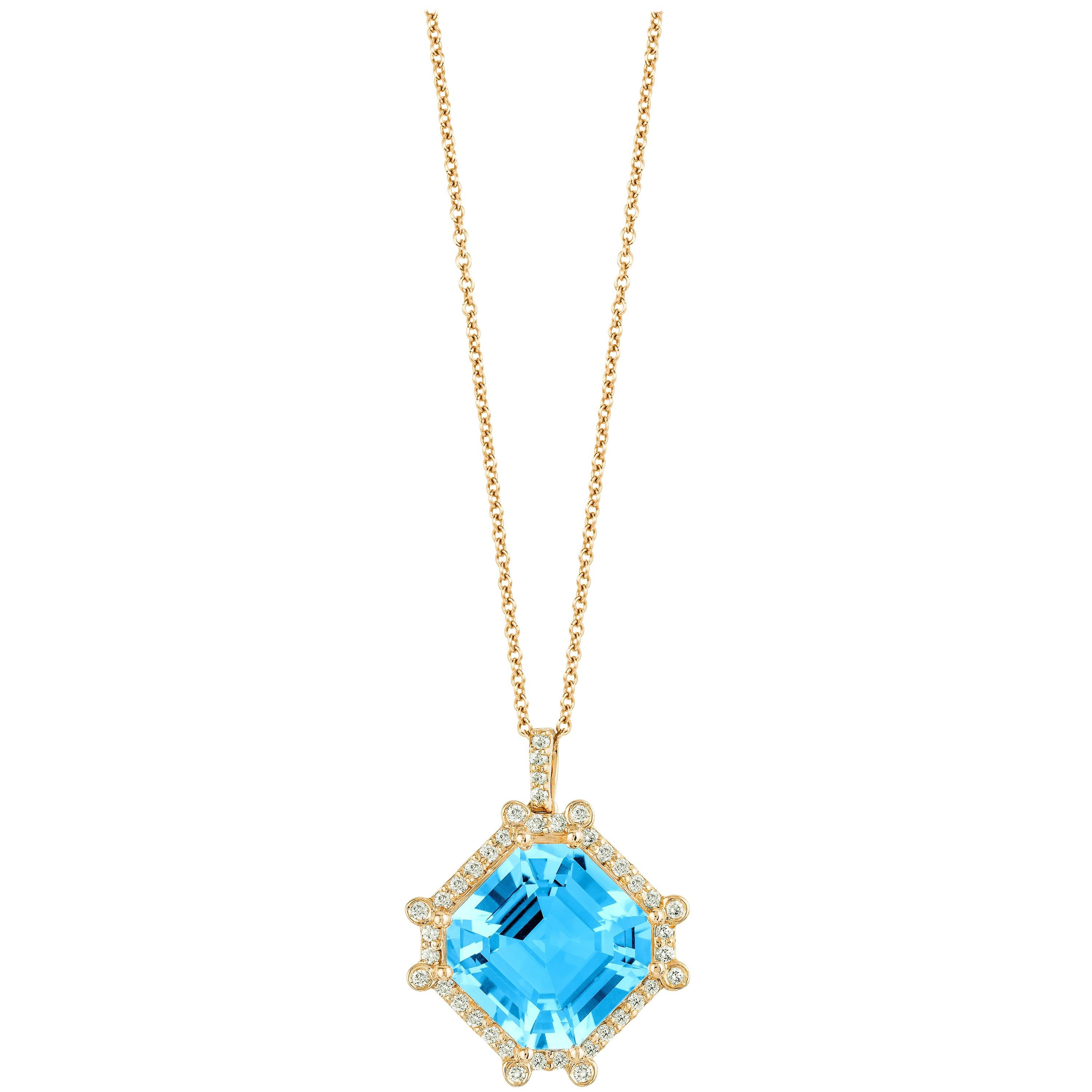 Goshwara Octagon Blue Topaz and Diamond Pendant For Sale