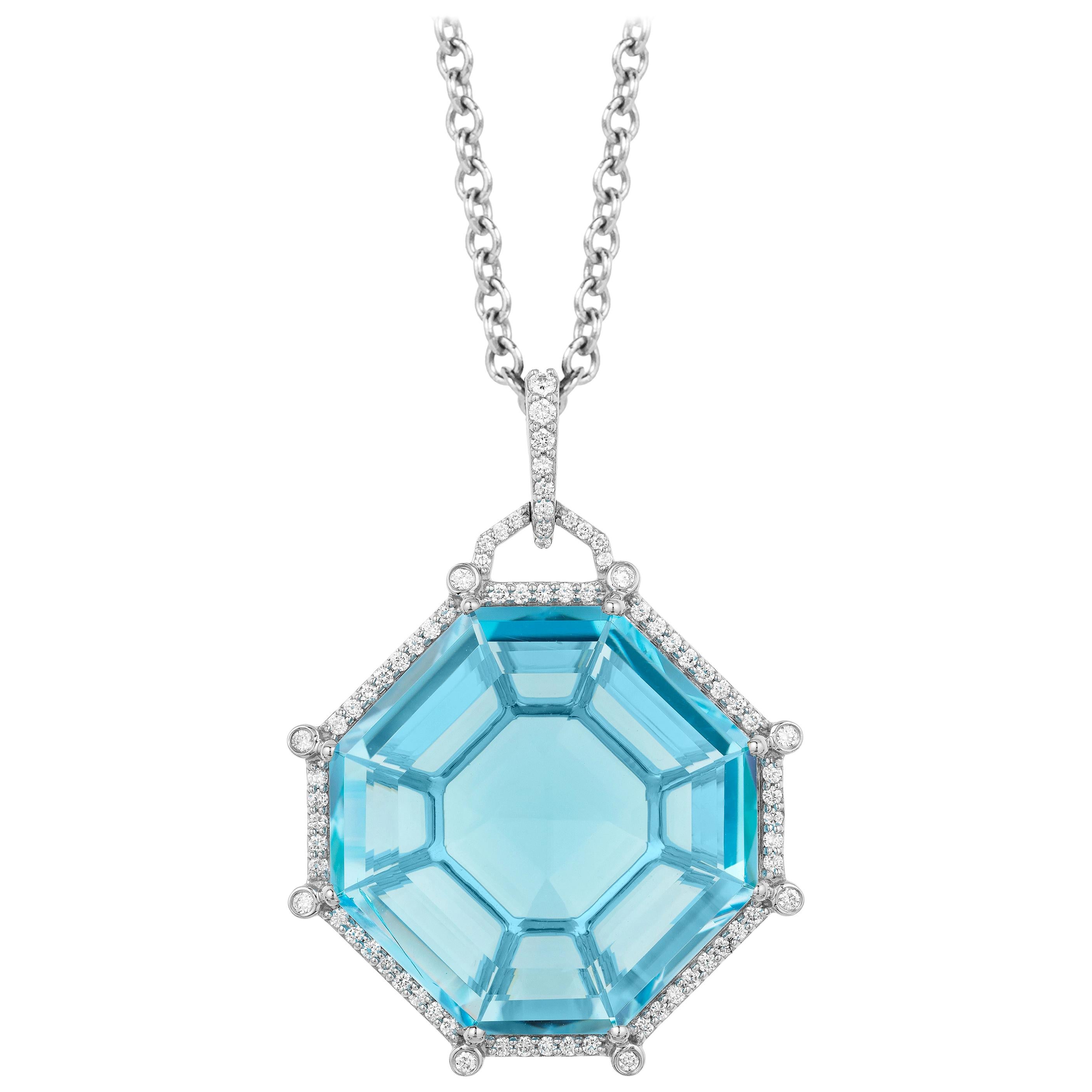 Goshwara Octagon Blue Topaz and Diamond Pendant For Sale