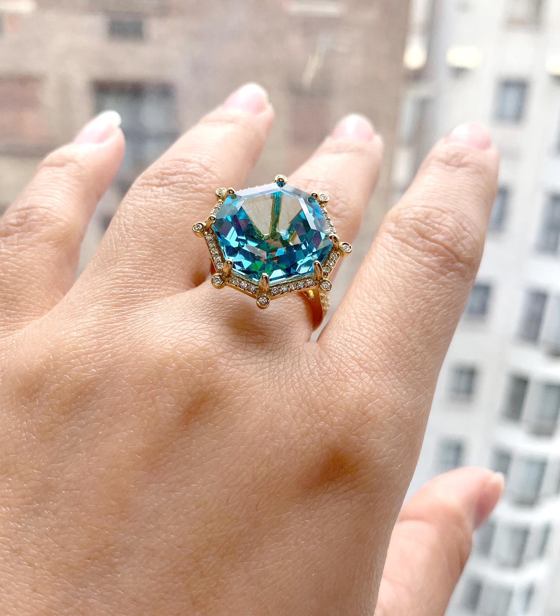 Blue Topaz Large Octagon Ring with Diamonds in 18K Yellow Gold with Diamonds, from 'Gossip' Collection. Like any good piece of gossip, this collection carries a hint of shock value. They will have everyone in suspense about what Goshwara will do