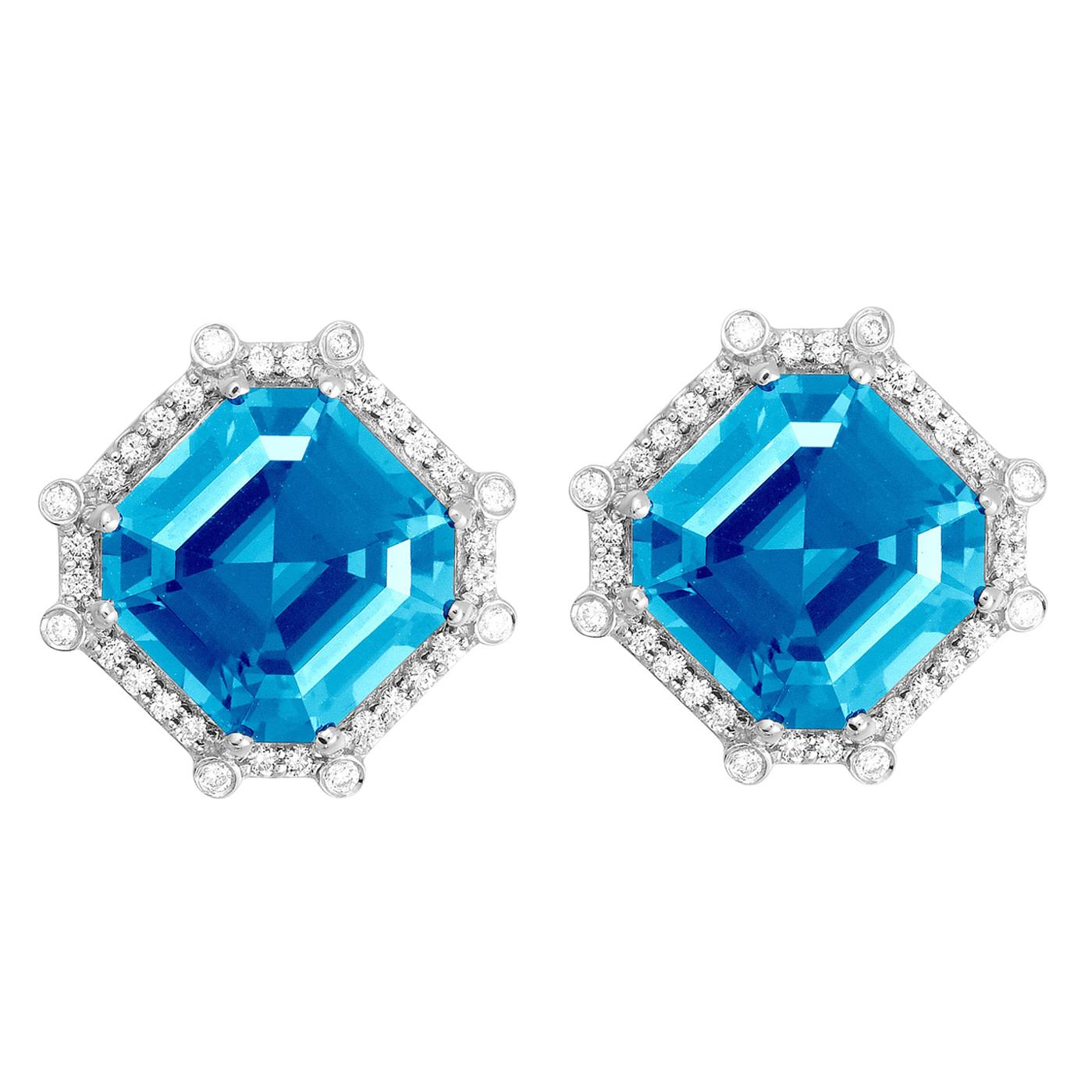 Goshwara Octagon Blue Topaz and Diamond Studs