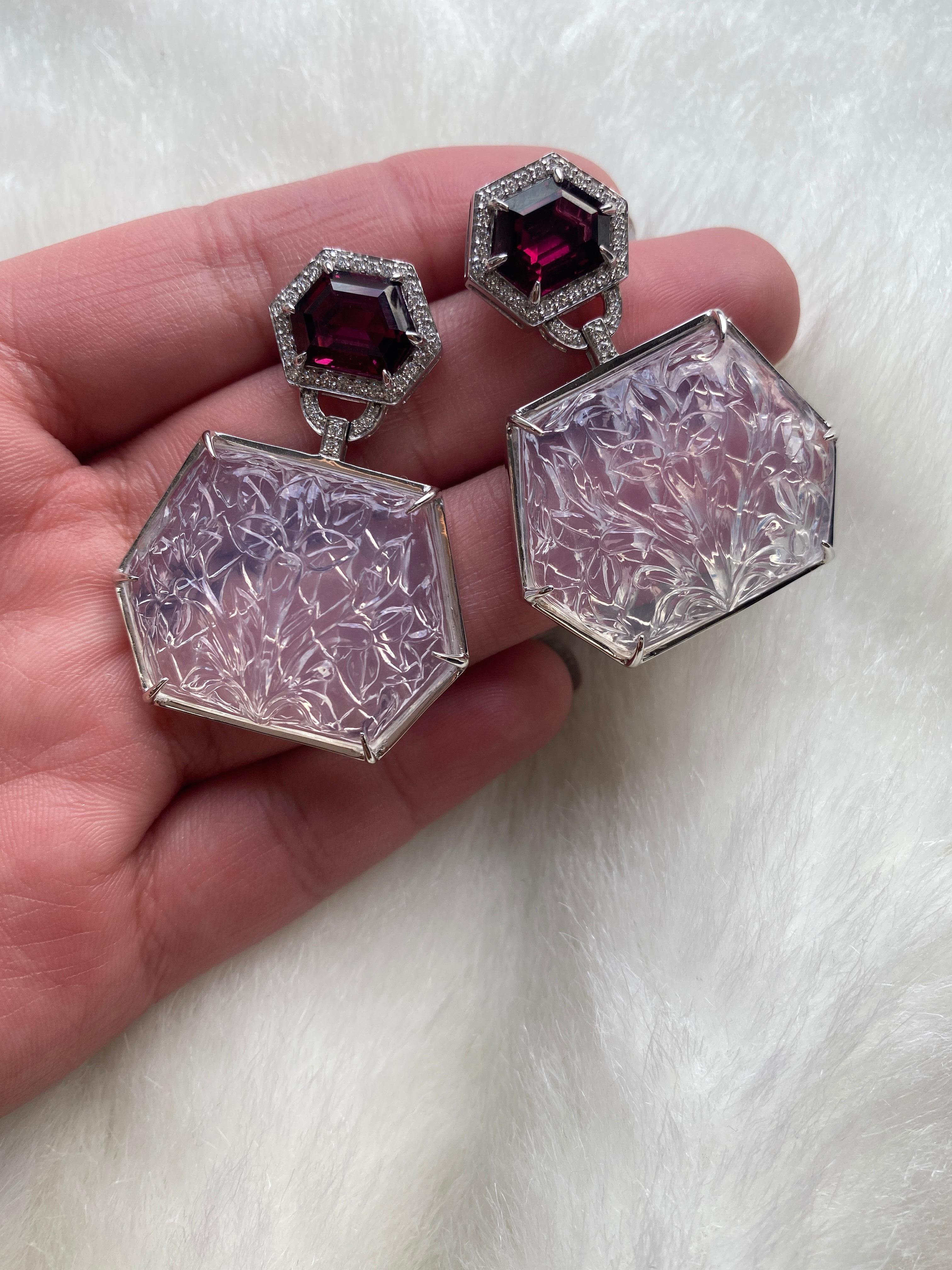 Contemporary Goshwara Octagon Garnet with Moon Quartz Carved Earrings For Sale