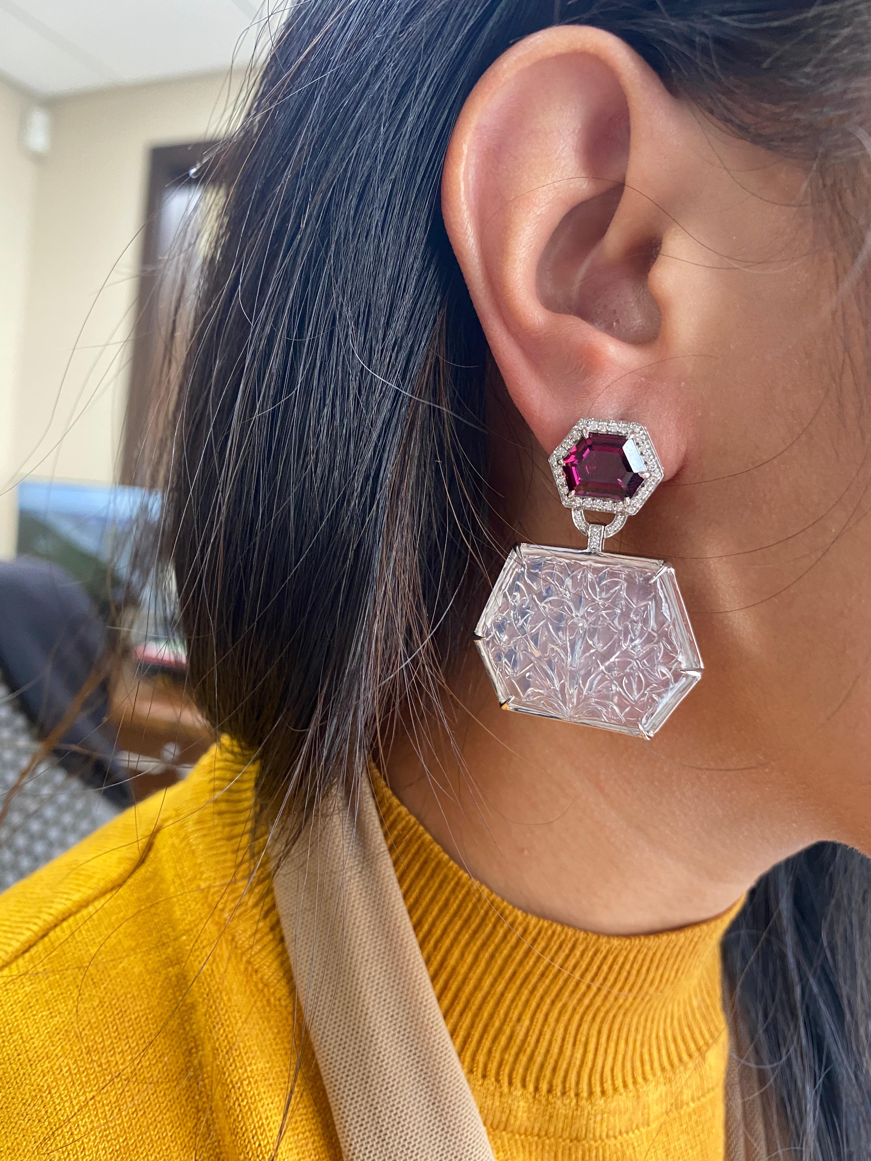 Goshwara Octagon Garnet with Moon Quartz Carved Earrings In New Condition For Sale In New York, NY