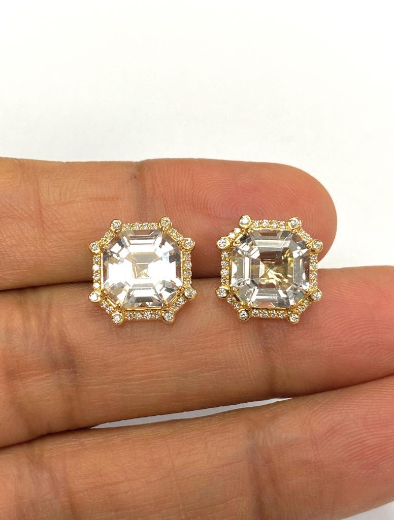 Emerald Cut Goshwara Octagon Rock Crystal and Diamond Earrings For Sale