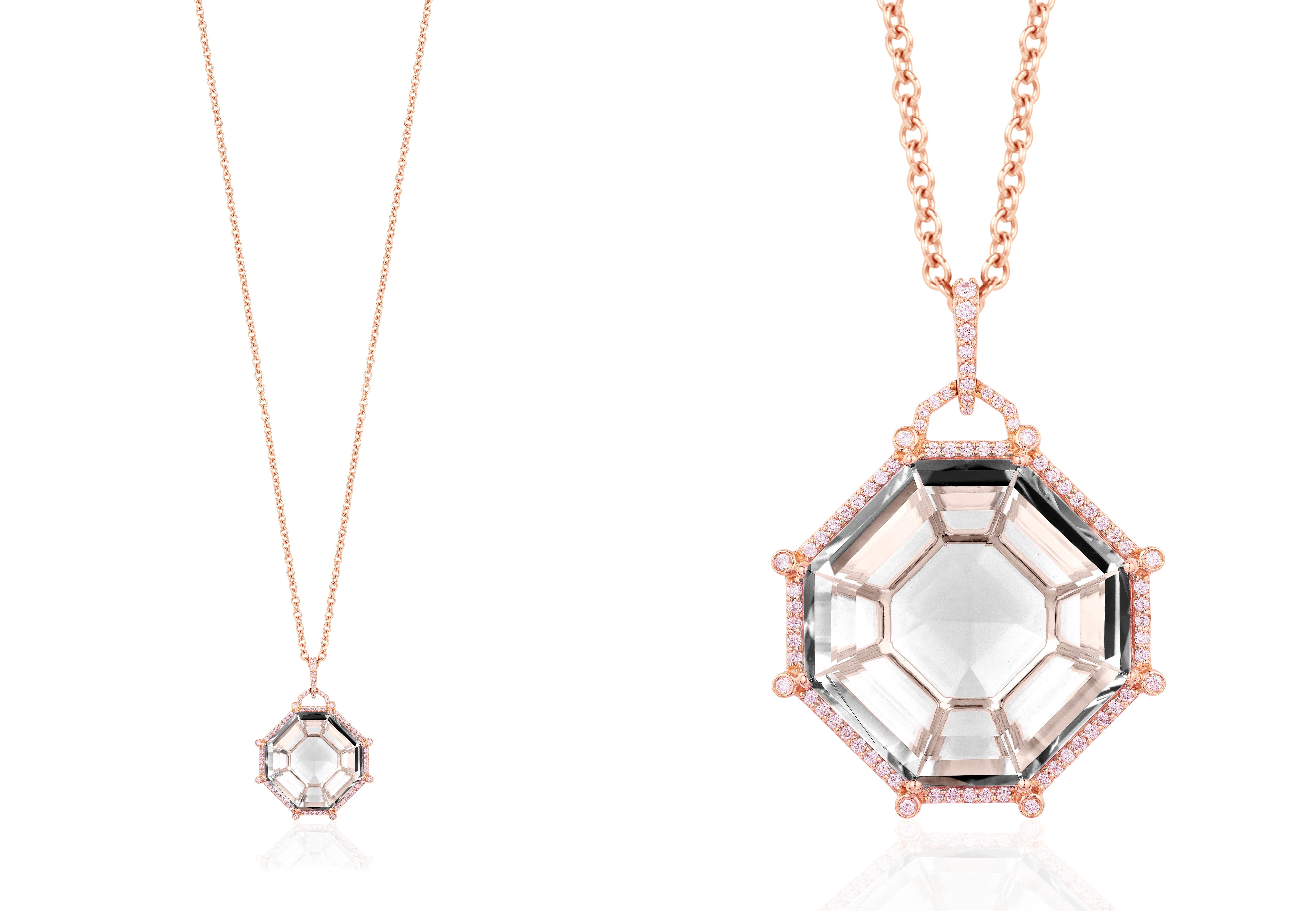 Gossip' Rock Crystal Octagon Pendant  with Diamonds in 18K 
Stone Size: 22.5 x 22.5 mm
Diamonds: G-H / VS, Approx Wt: 0.46 Cts