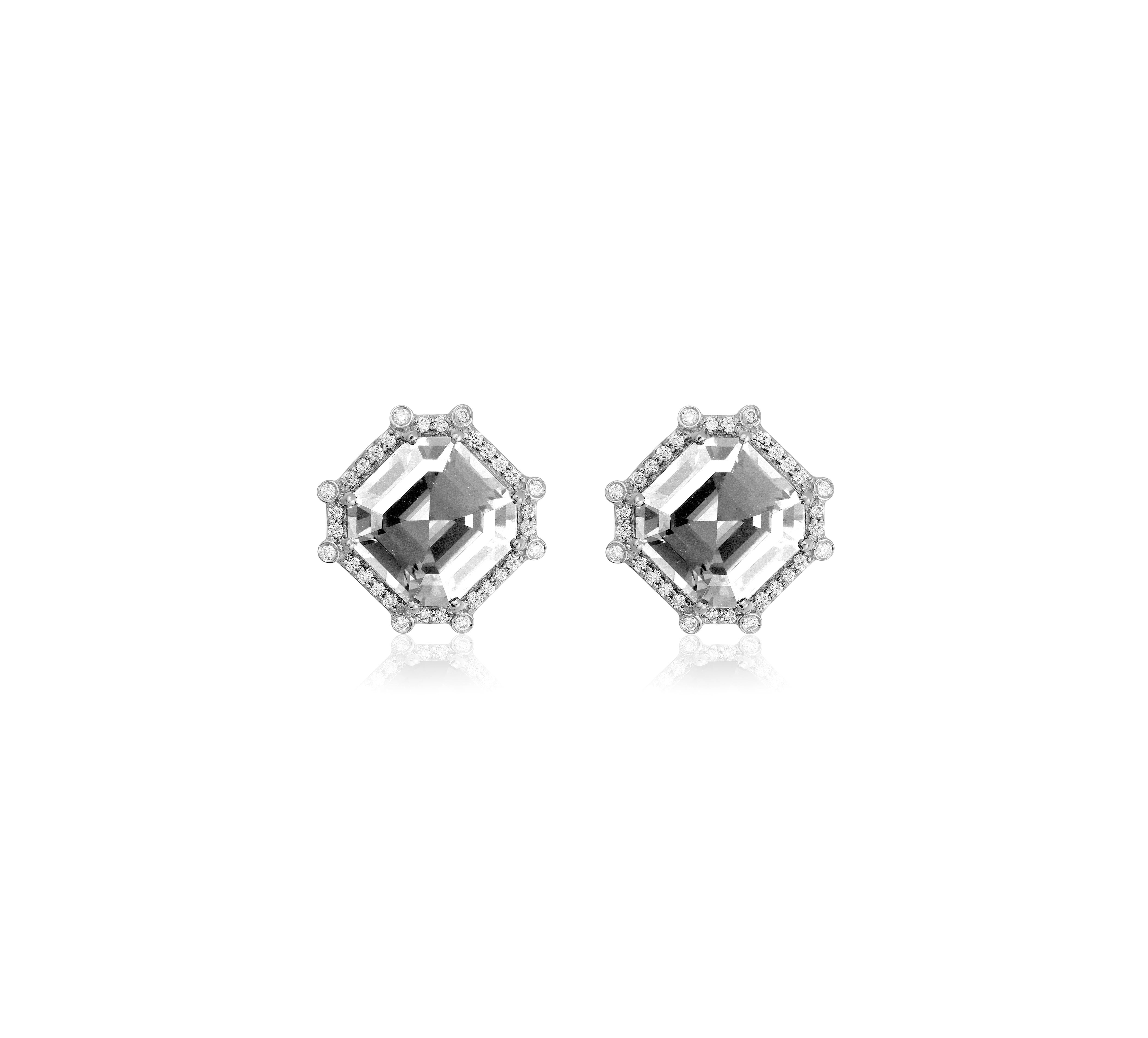 Rock Crystal & Diamond Octagon Studs in 18K White Gold from 'Gossip' Collection
 Stone Size: 9 x 9 mm
 Diamonds: G-H / VS, Approx Wt : 0.23 Cts