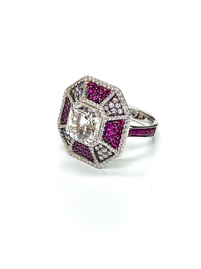 Contemporary Goshwara Octagon Ruby And Rock Crystal With Diamond Ring For Sale