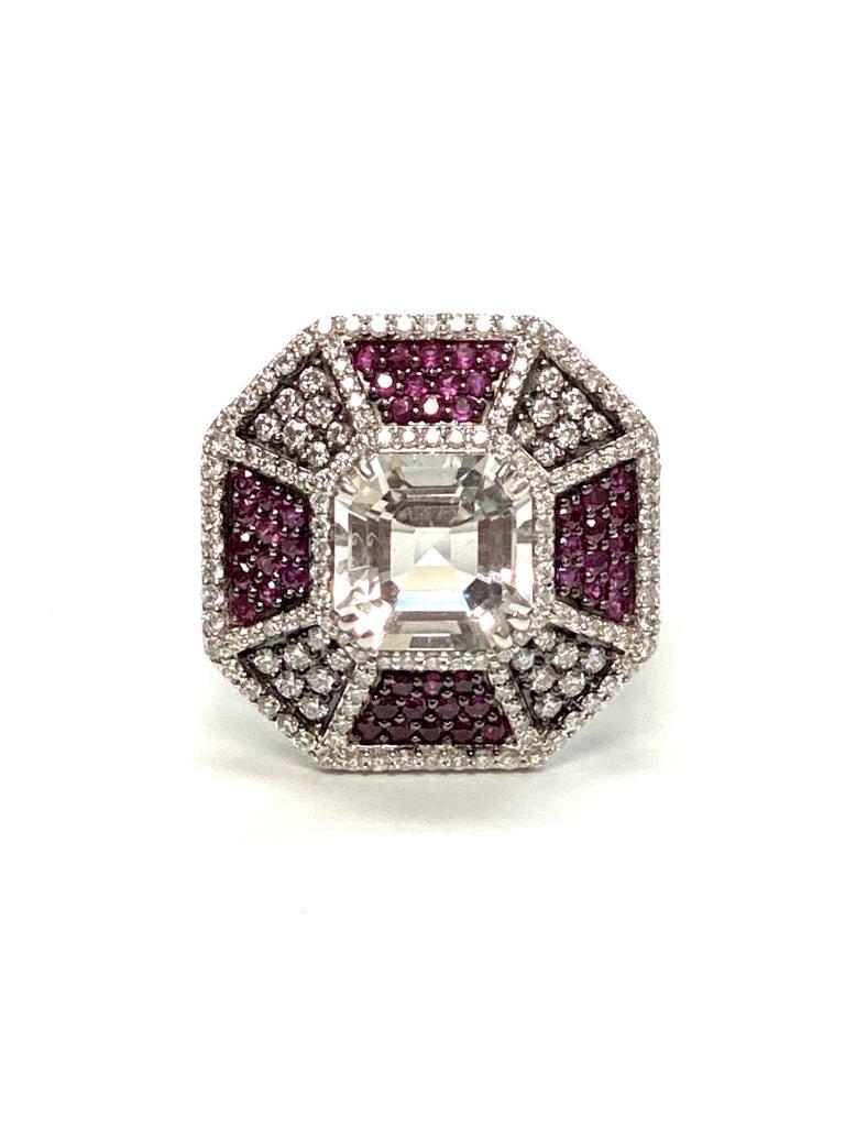 Goshwara Octagon Ruby And Rock Crystal With Diamond Ring For Sale 1