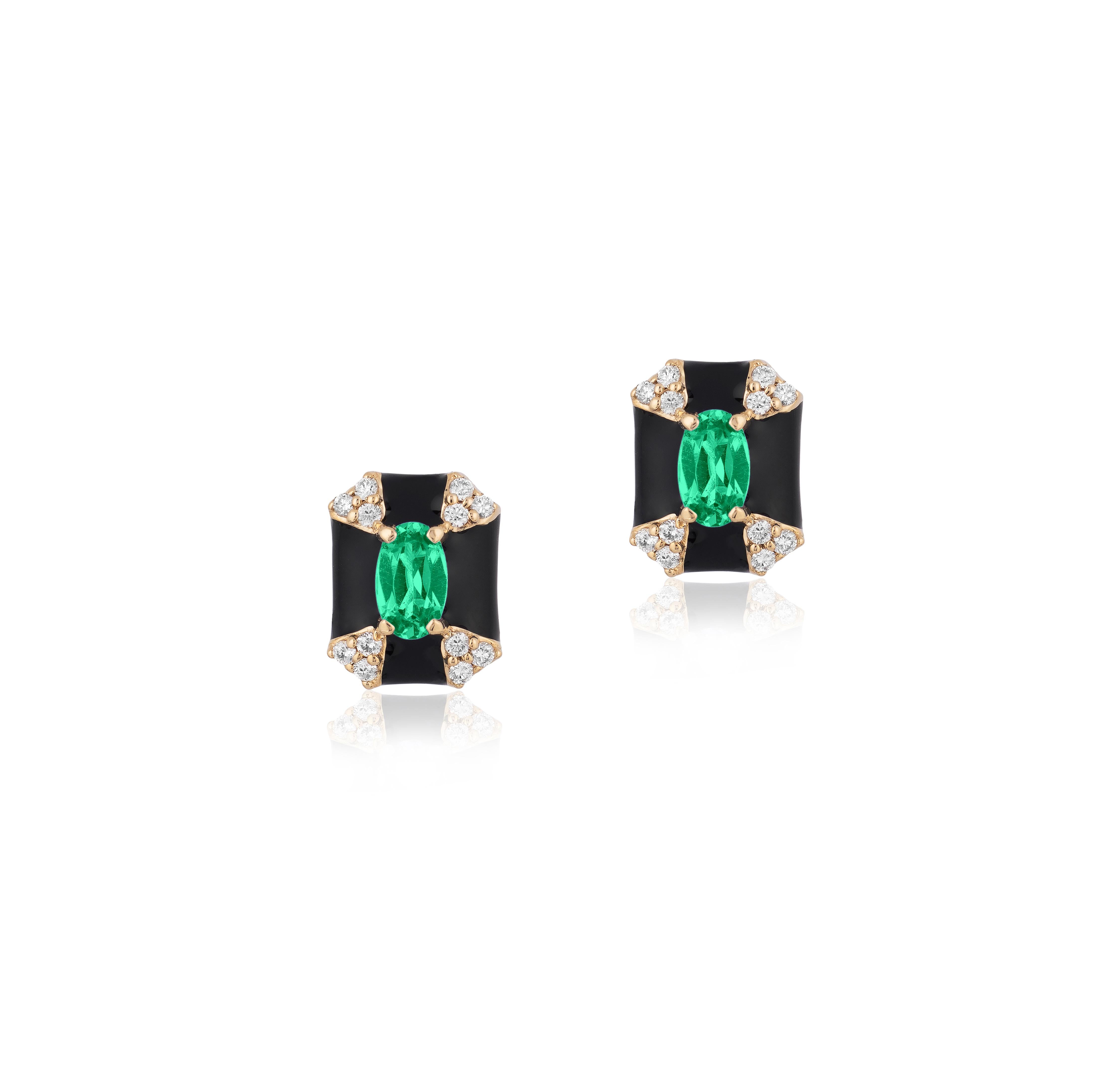 'Queen' Octagon Black Enamel Stud Earrings with Emerald and Diamonds in 18K Yellow Gold
Stone Size: 4 mm
Gemstone Approx. Wt: Emerald- 0.39 Carats 
Diamonds: G-H / VS, Approx. Wt: 0.14 Carats