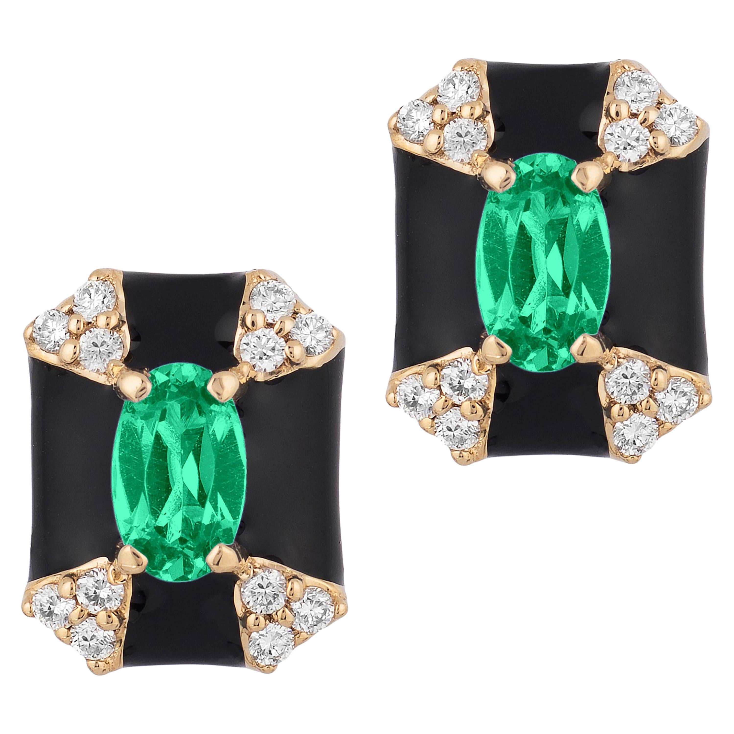 Goshwara Octagon Black Enamel with Emerald and Diamonds Stud Earrings