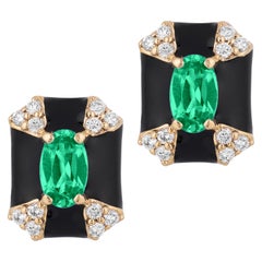 Achteckige Goshwara-Ohrstecker aus schwarzer Emaille mit Smaragd und Diamanten
