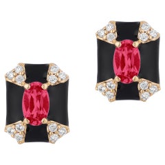 Goshwara Octagon Black Enamel with Ruby and Diamonds Stud Earrings