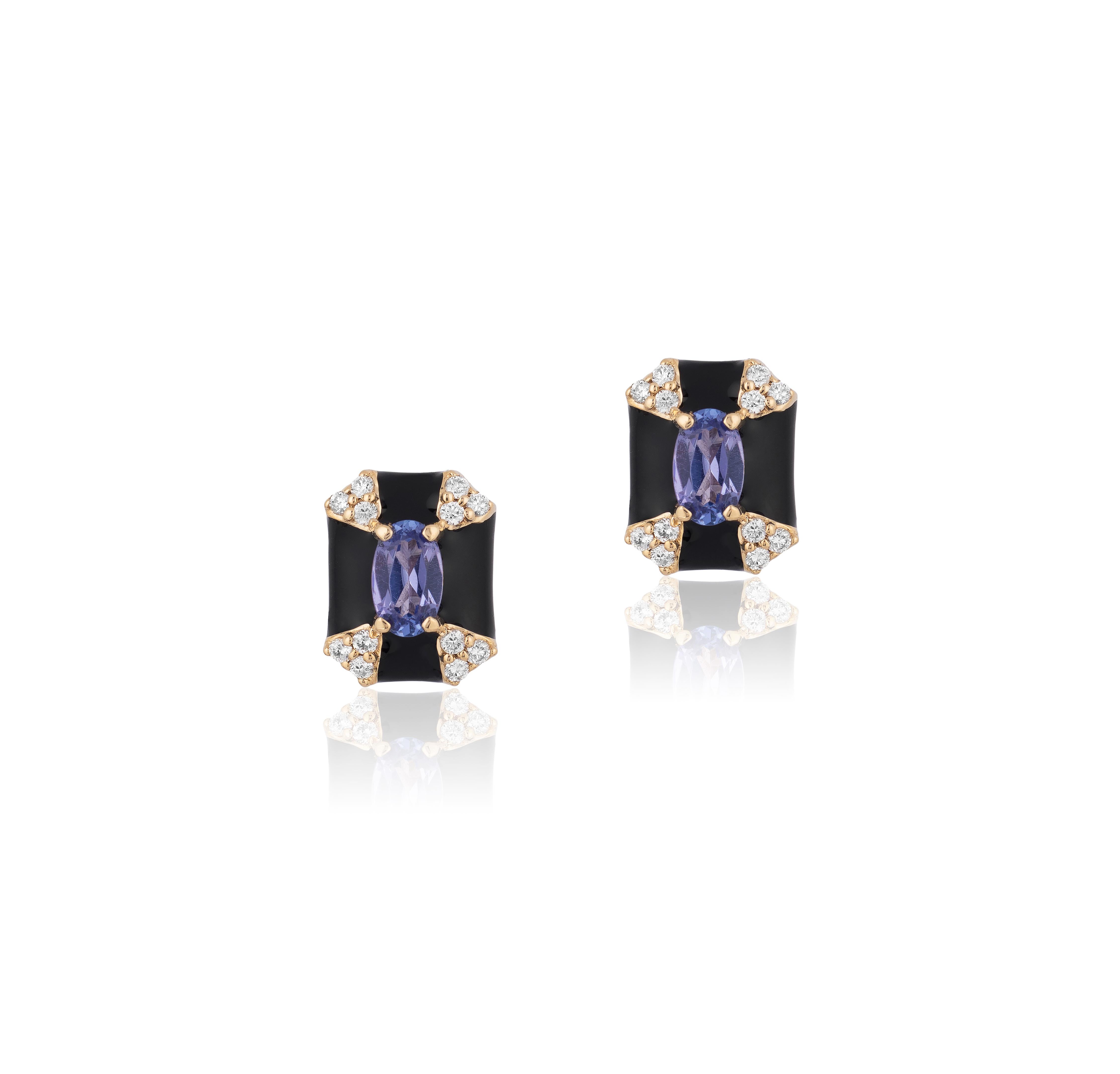 'Queen' Octagon Black Enamel Stud Earrings with Sapphire and Diamonds in 18K Yellow Gold.
Stone Size: 4 mm
Gemstone Approx. Wt: Sapphire- 0.62 Carats 
Diamonds: G-H / VS, Approx. Wt: 0.14 Carats
