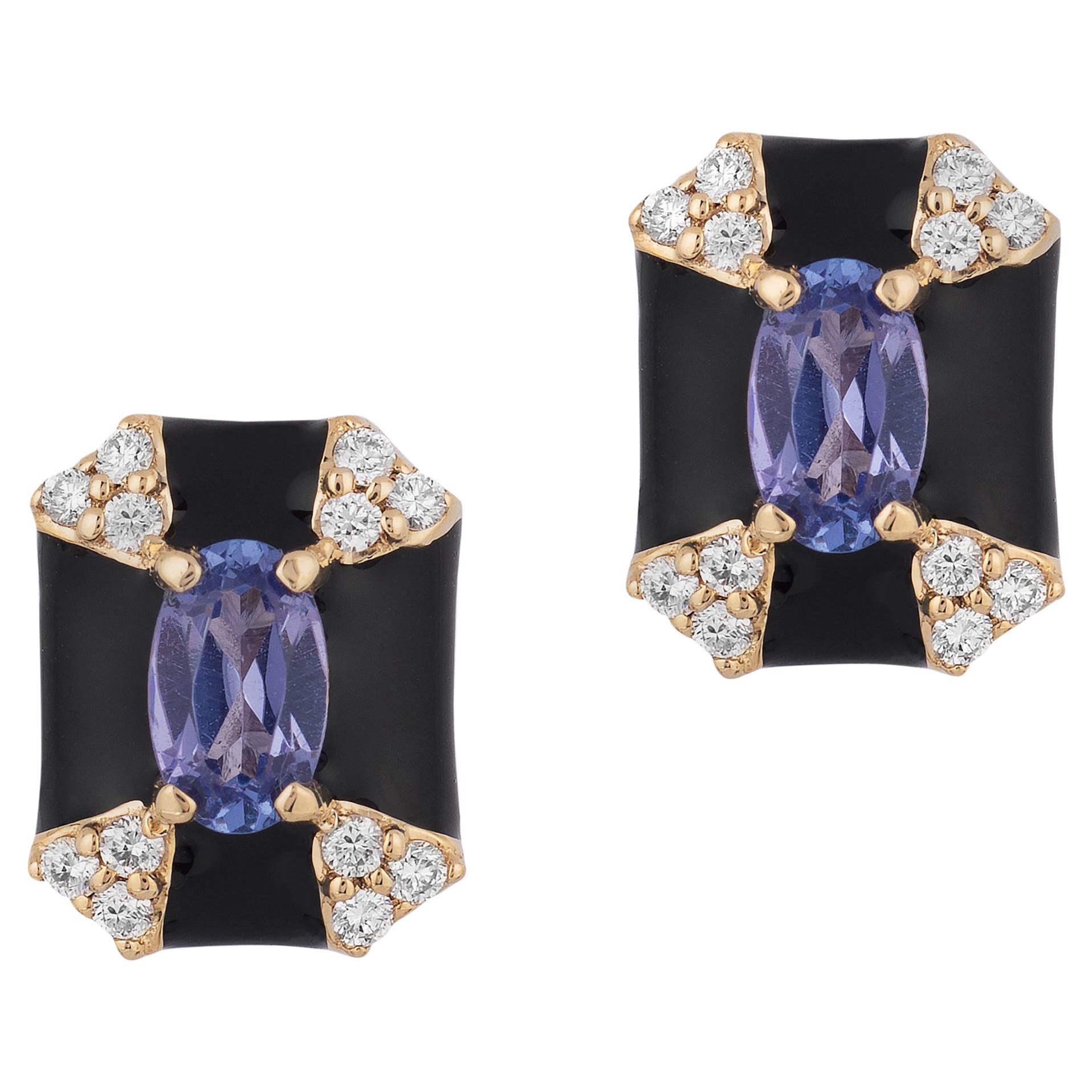 Goshwara Octagon Black Enamel with Sapphire and Diamonds Stud Earrings