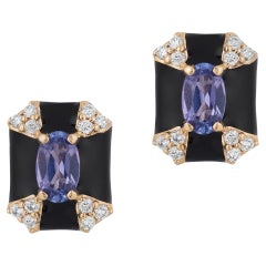 Goshwara Octagon Black Enamel with Sapphire and Diamonds Stud Earrings