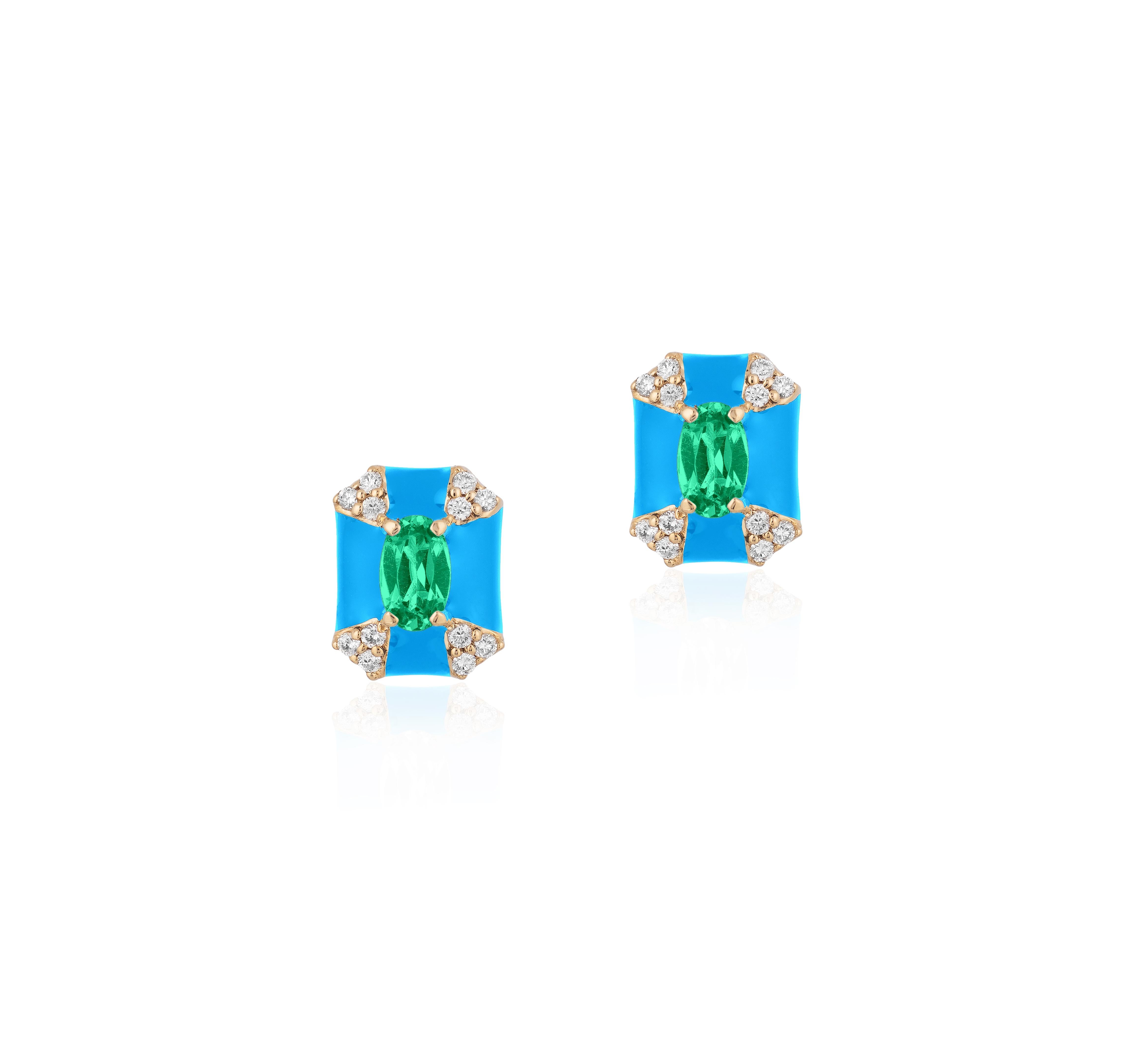 'Queen' Octagon Turquoise Enamel Stud Earrings with Emerald and Diamonds in 18K Yellow Gold.
Stone Size: 4 mm
Gemstone Approx. Wt: Emerald- 0.38 Carats 
Diamonds: G-H / VS, Approx. Wt: 0.14 Carats